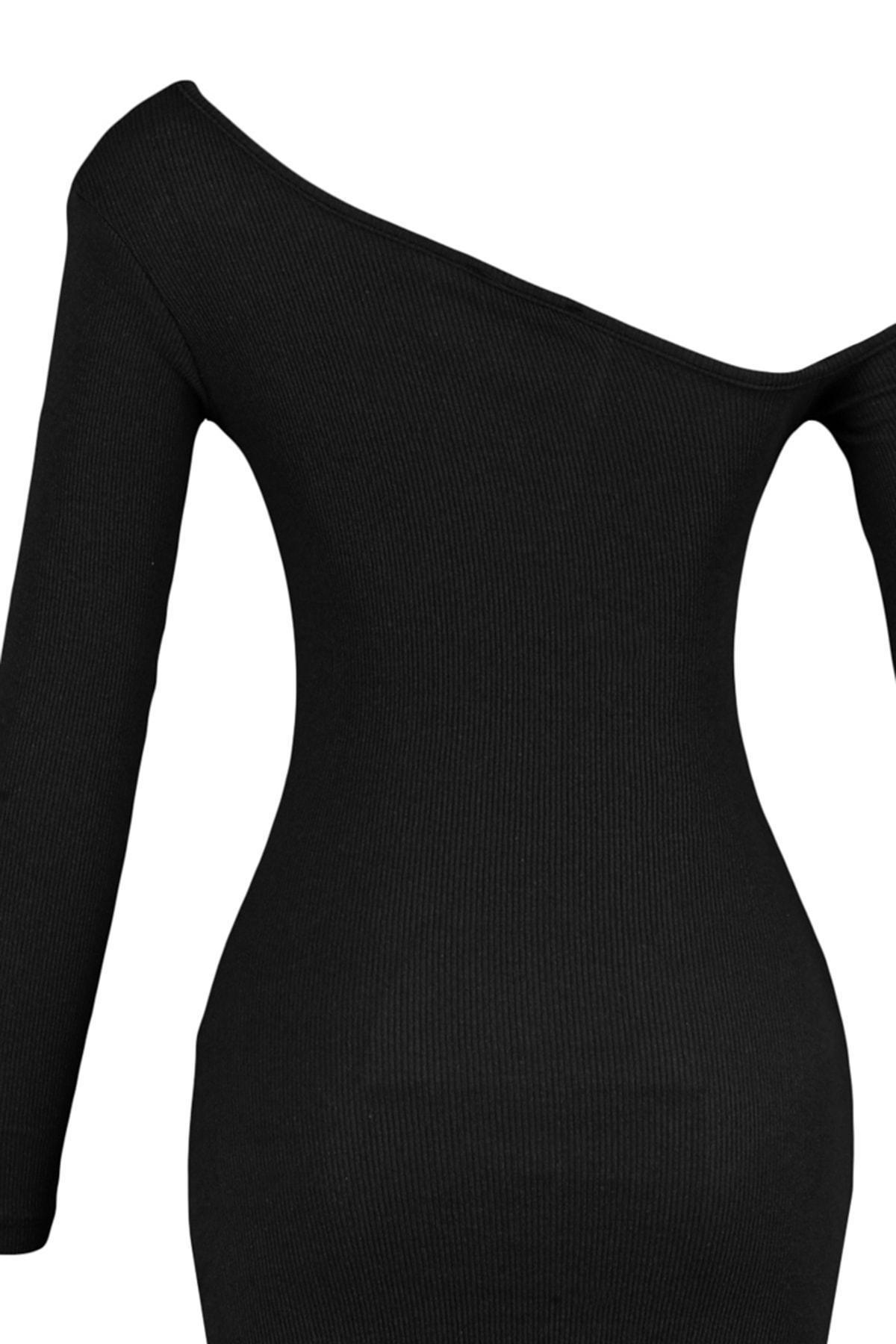 Black Boat Neck Bodycon Dress, , large image number 6