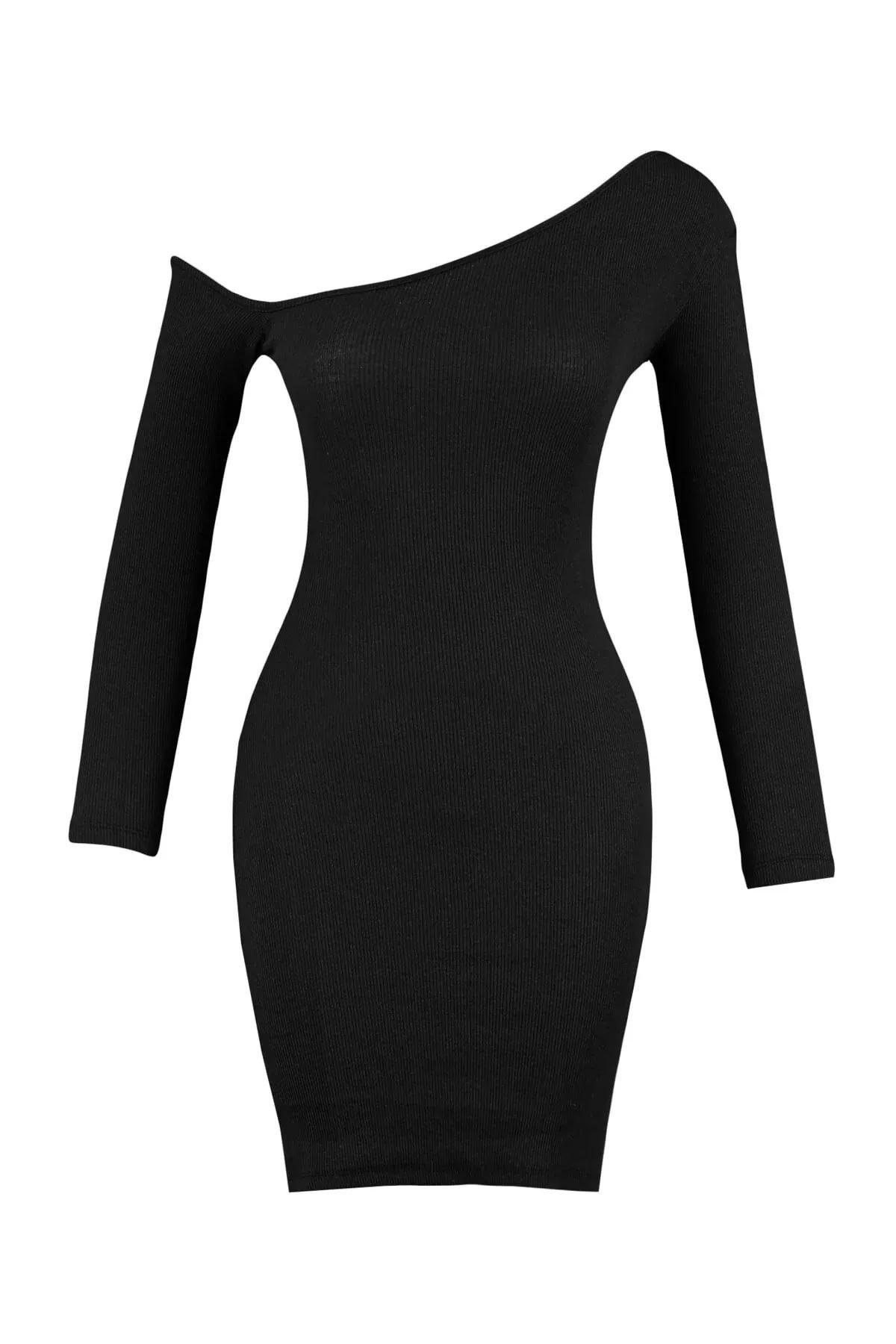 Black Boat Neck Bodycon Dress, Black, large image number 6