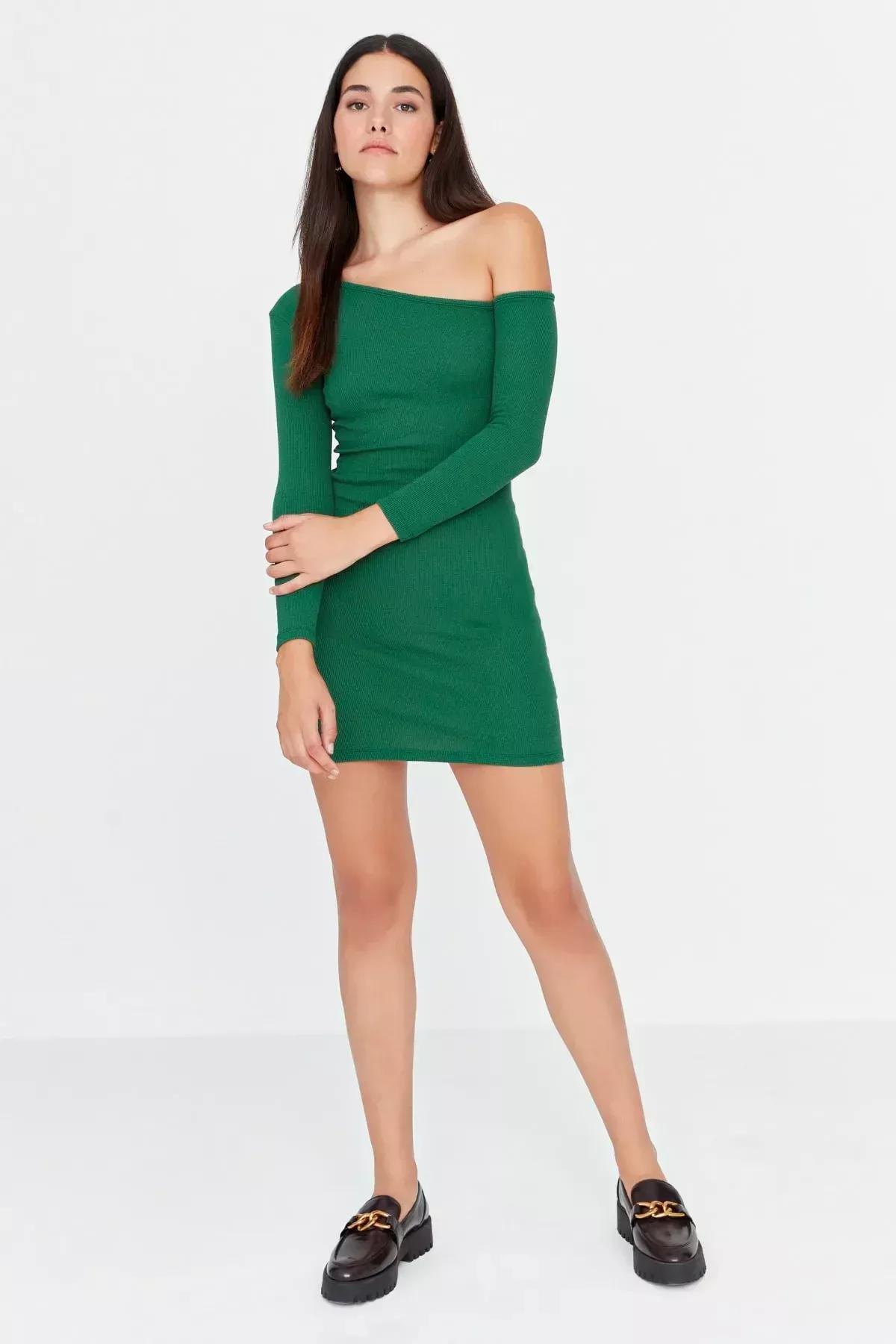 Green Boat Neck Bodycon Dress, Green, large image number 0