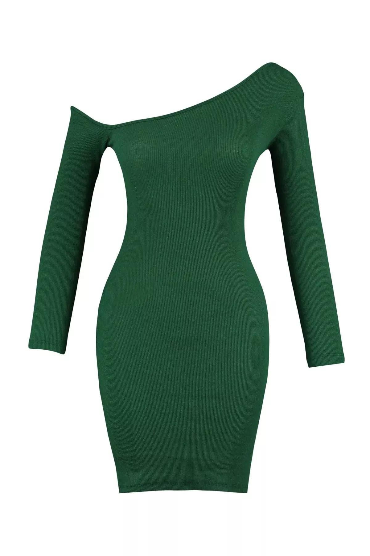 Green Boat Neck Bodycon Dress, Green, large image number 4