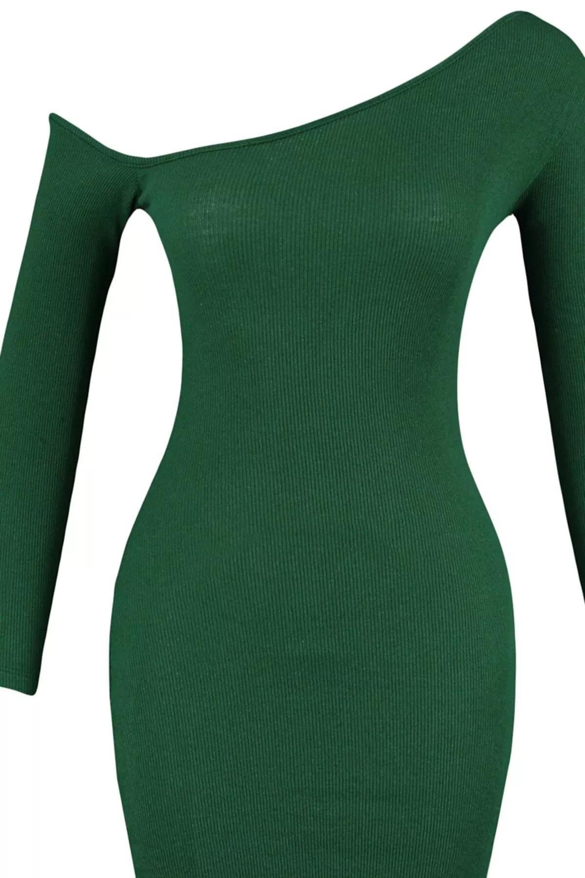 Green Boat Neck Bodycon Dress, Green, large image number 5