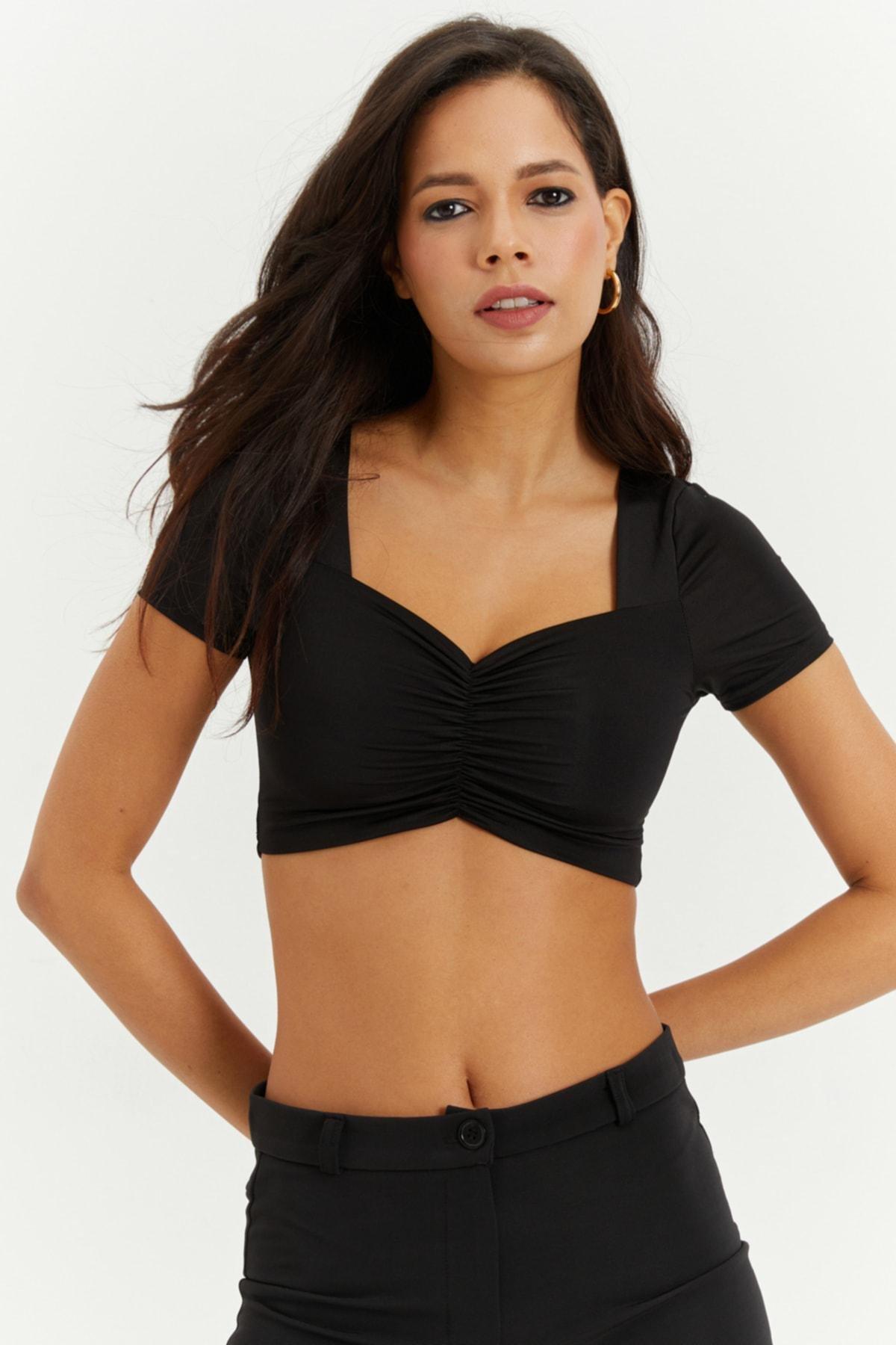 Black Sweetheart Neck Slim Crop Top, , large image number 0