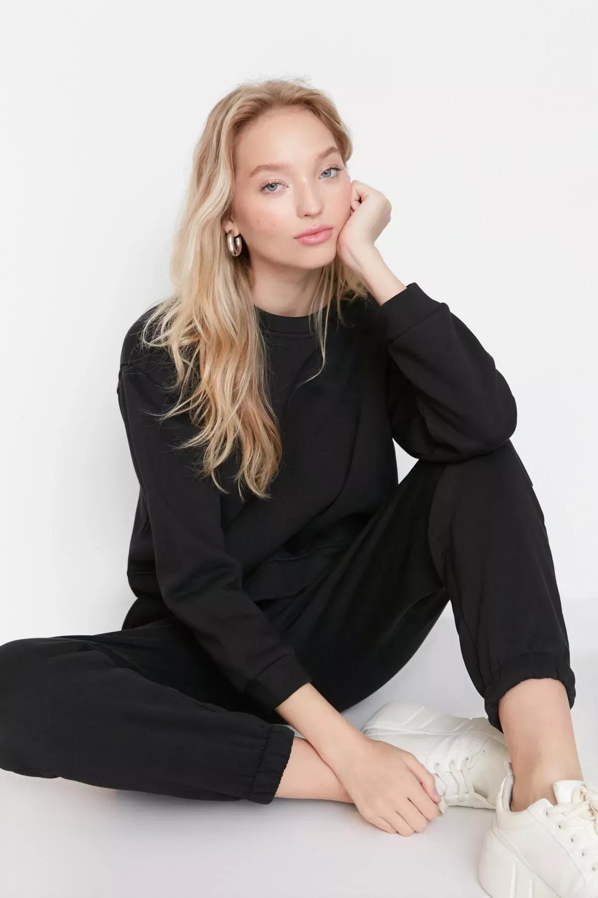 Black Knitted Sweatsuit Co-Ord Set, Black, medium
