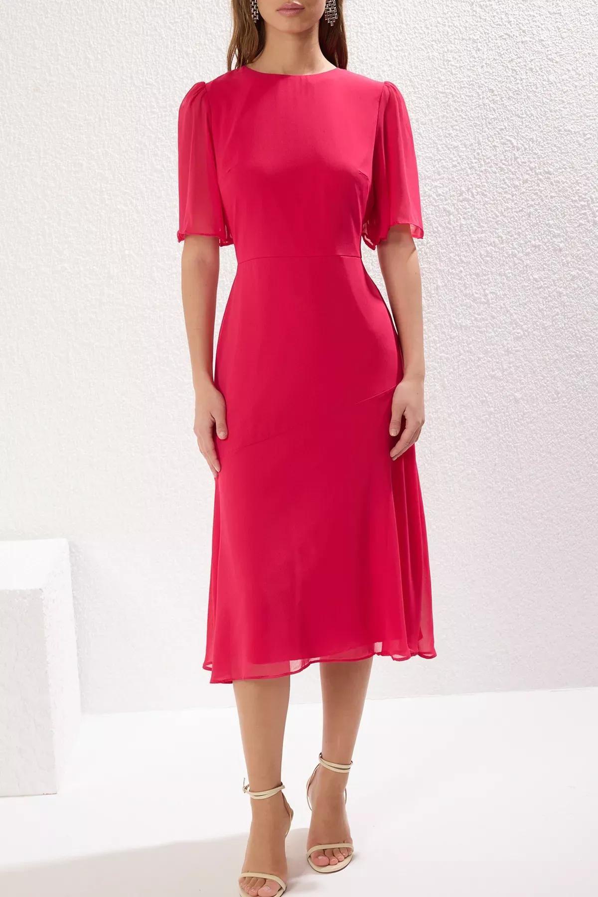 Pink A-Line Midi Chiffon Dress, , large image number 2
