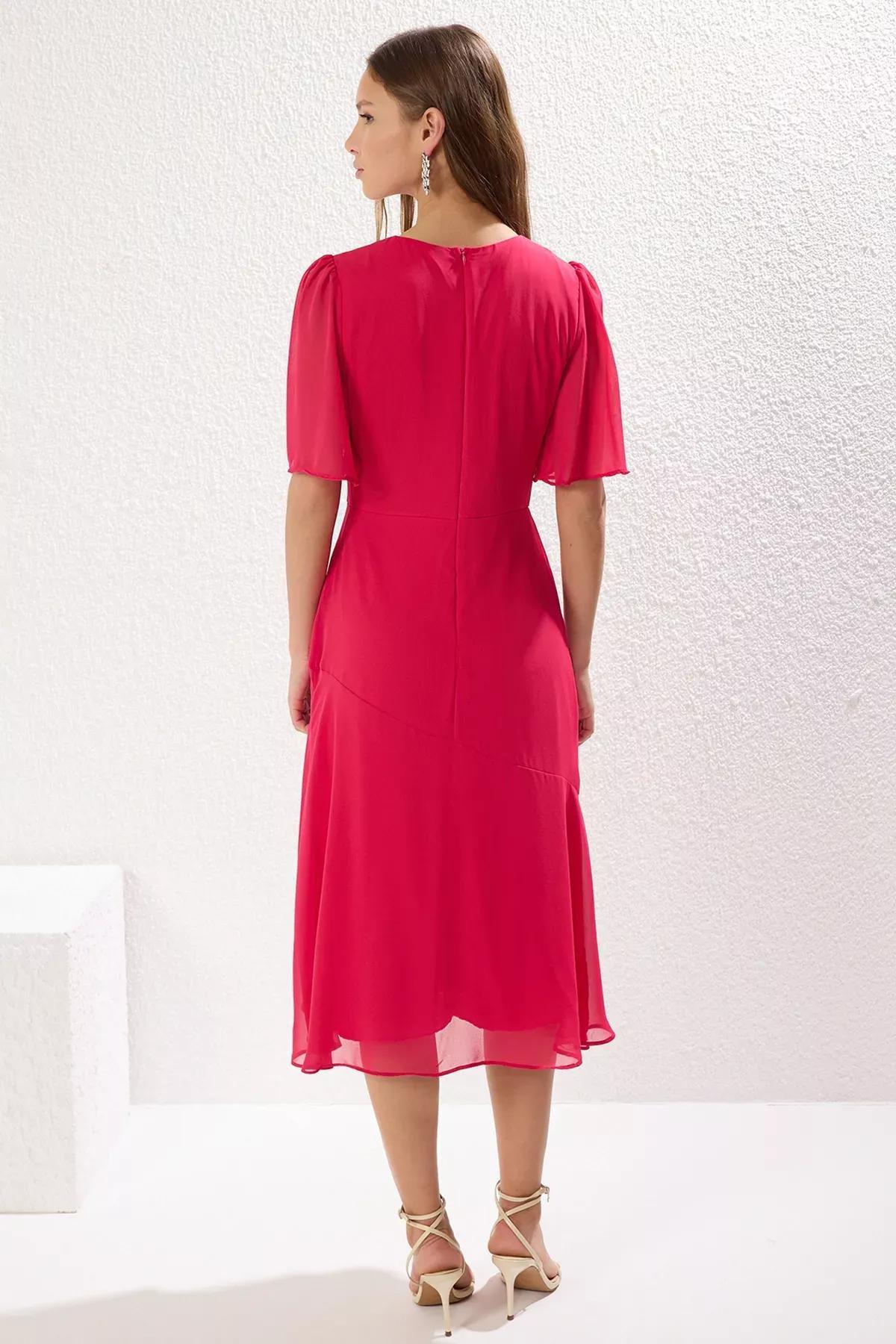 Pink A-Line Midi Chiffon Dress, , large image number 4
