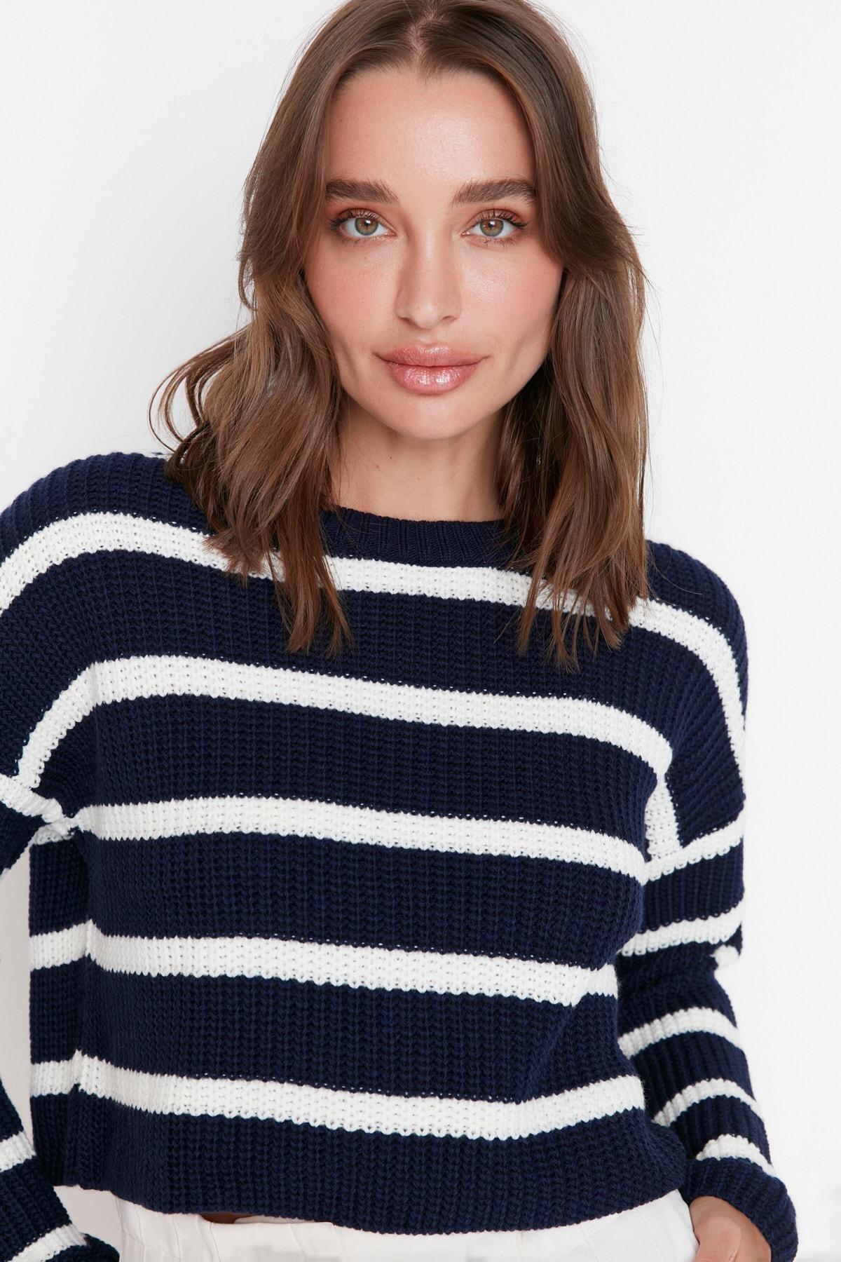 Navy Crew Neck Striped Sweater, , large image number 0