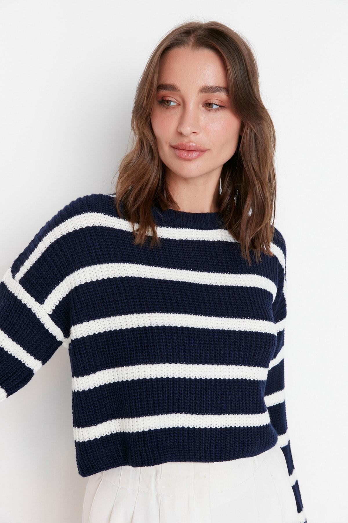 Navy Crew Neck Striped Sweater, , large image number 2