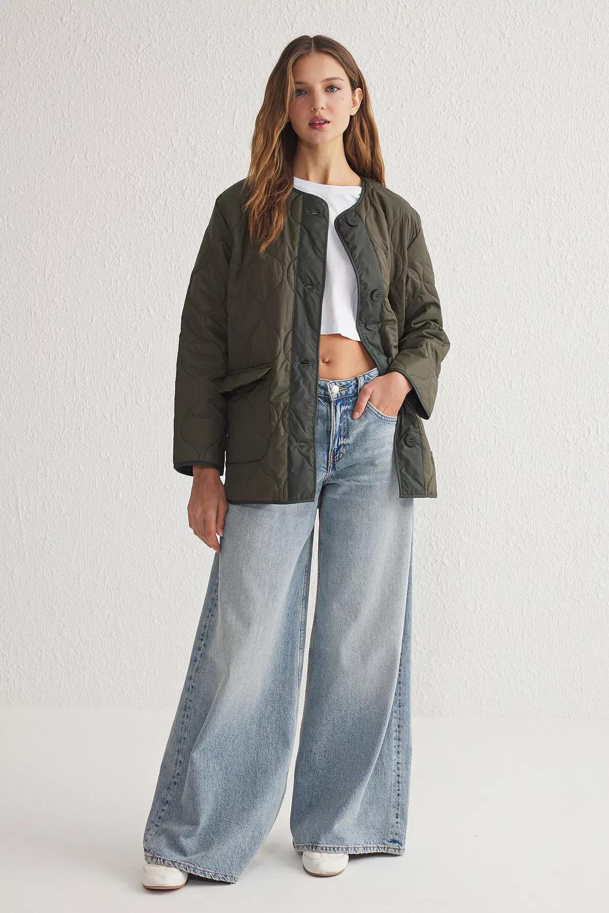 Khaki Crew Neck Jacket, Khaki, large image number 1