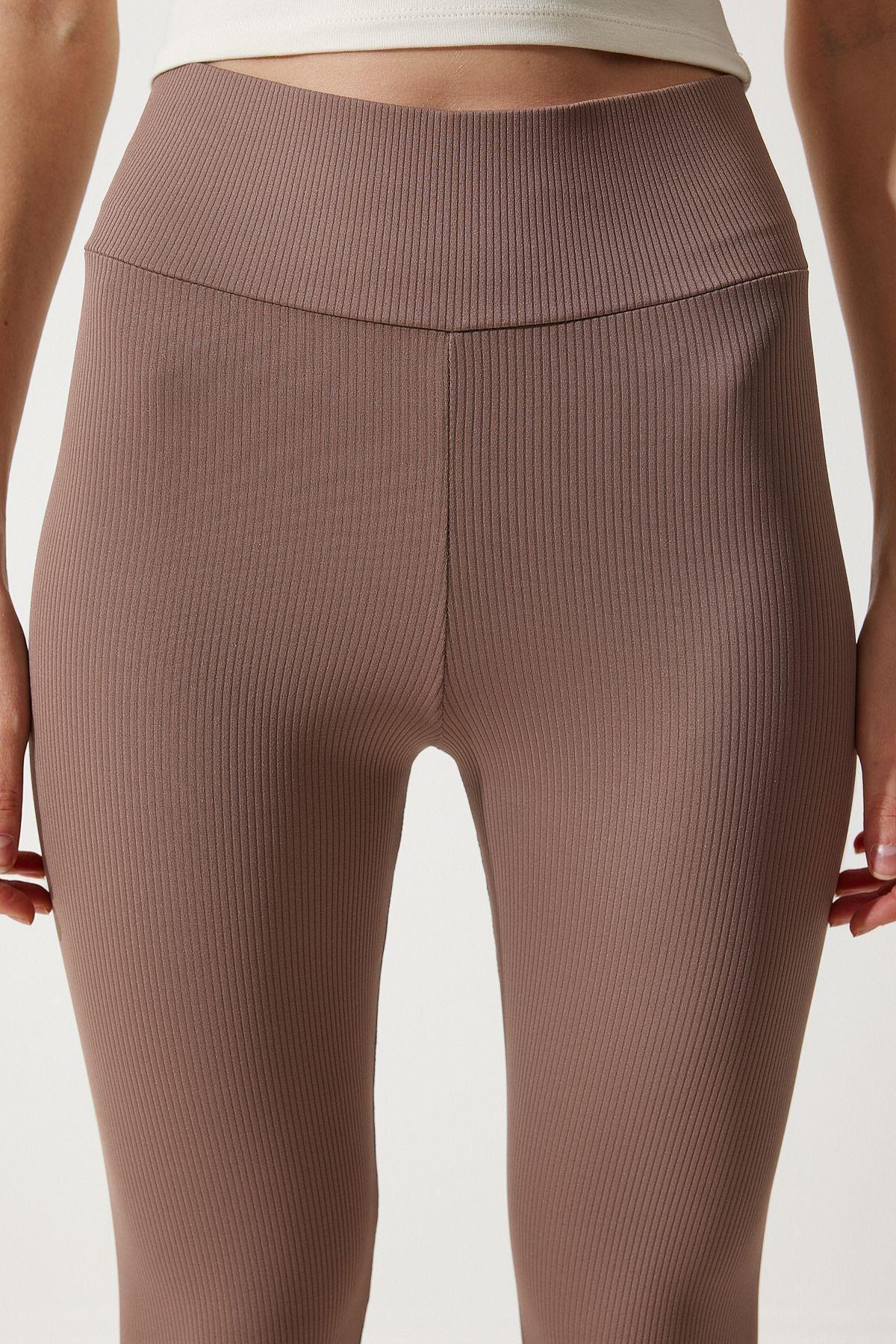Womens Dark Beige High Waist Ribbed Knitted Leggings ZV00208, single, , large image number 3