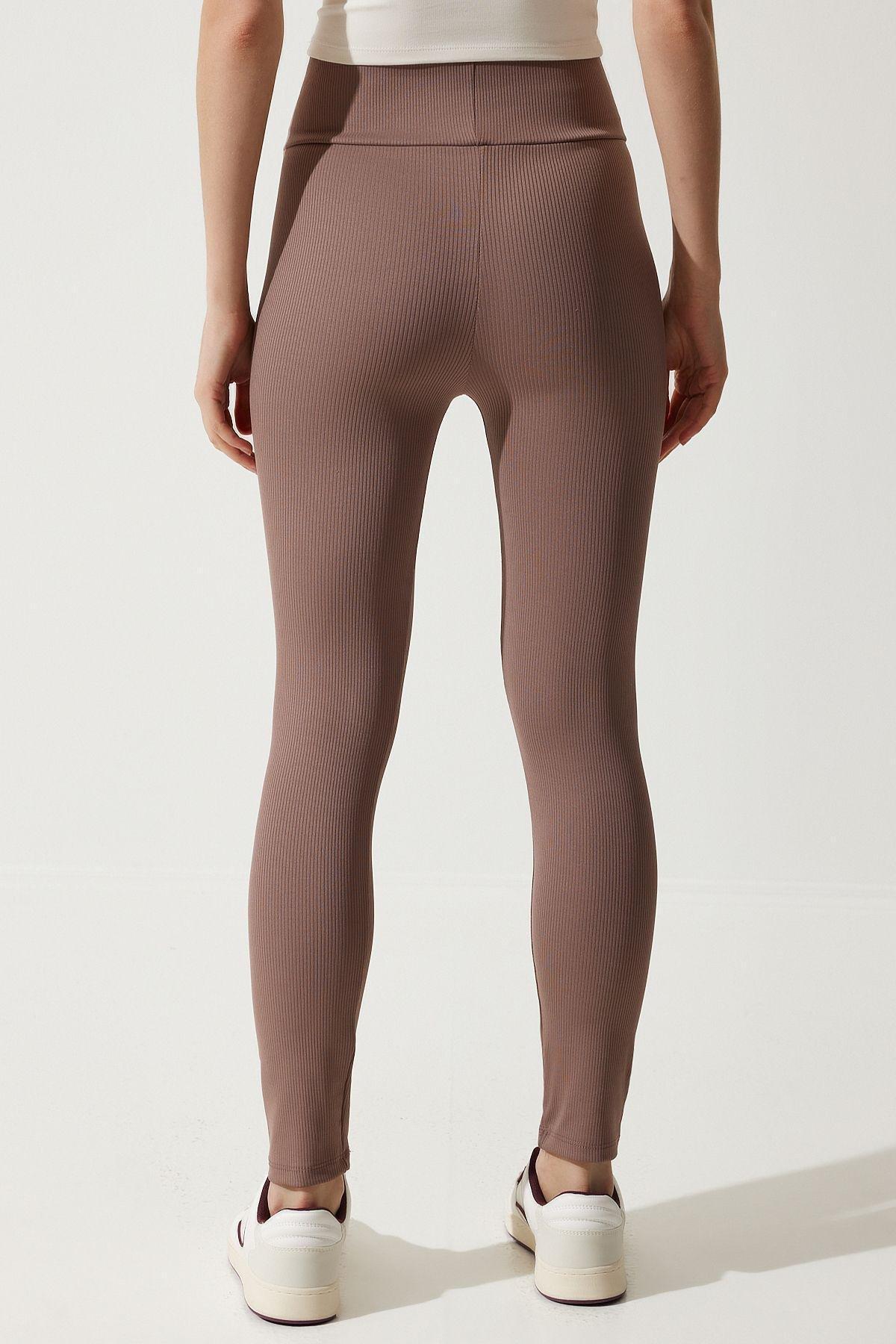 Womens Dark Beige High Waist Ribbed Knitted Leggings ZV00208, single, , large image number 4