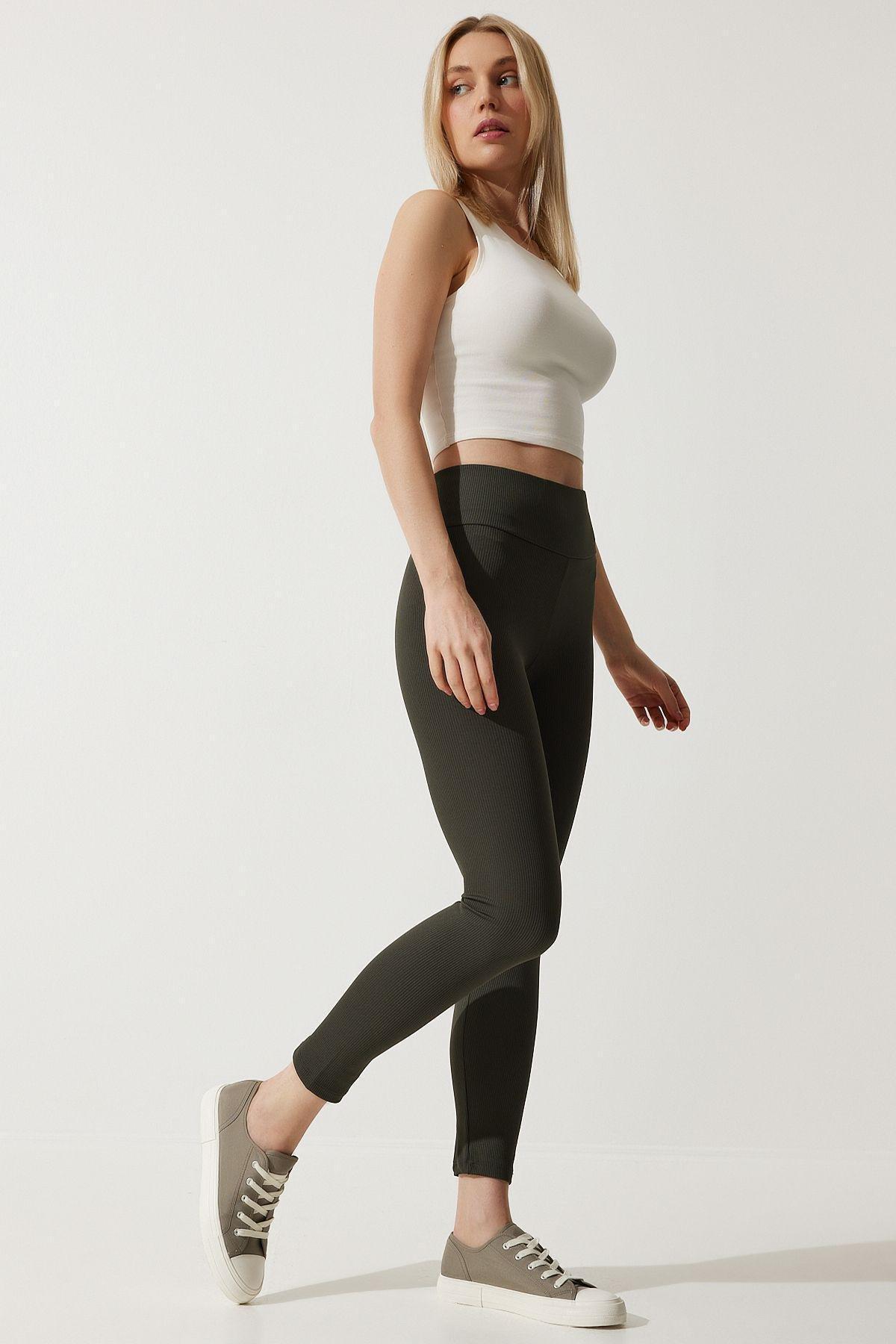 Green High-Waist Ribbed Tights, Dark Khaki, medium