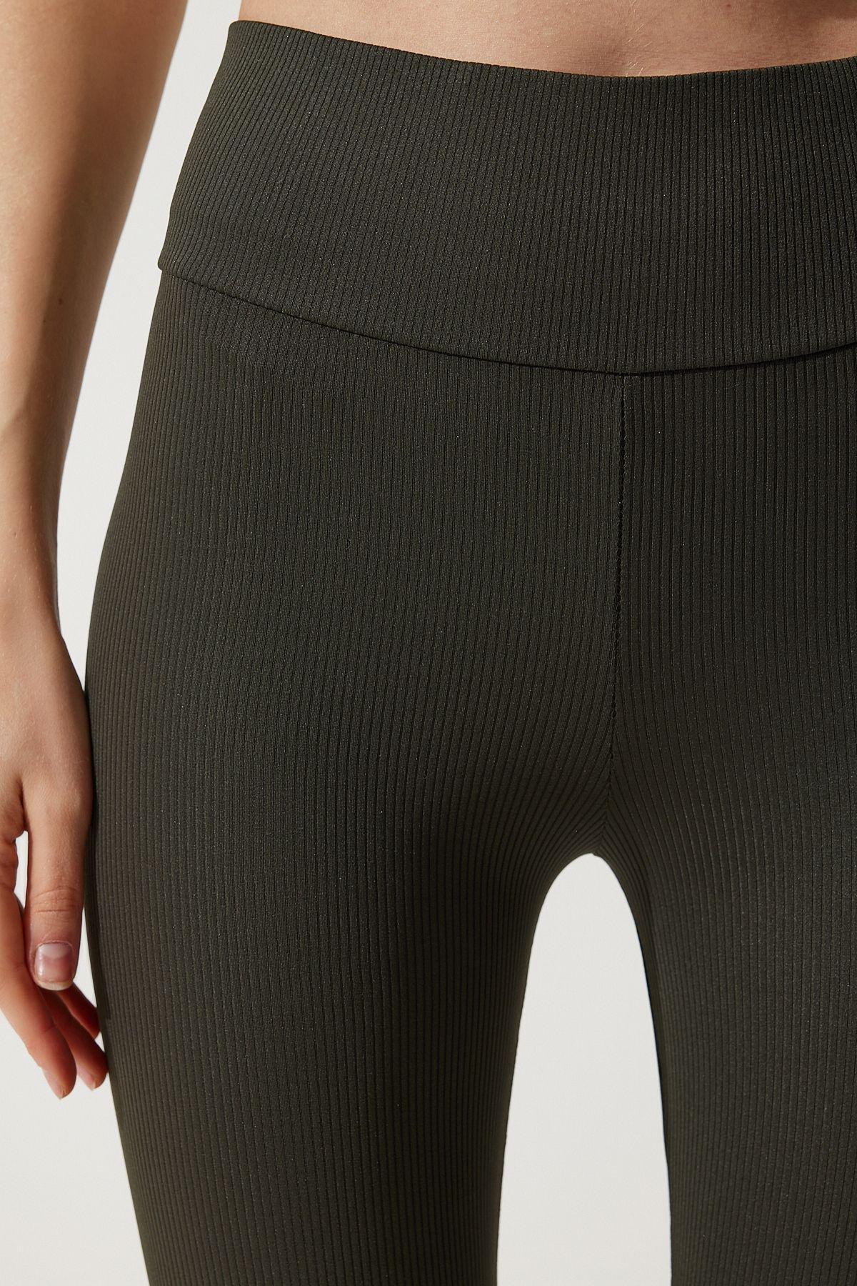Womens Dark Khaki High Waist Ribbed Knitted Tights ZV00208, single, , large image number 3