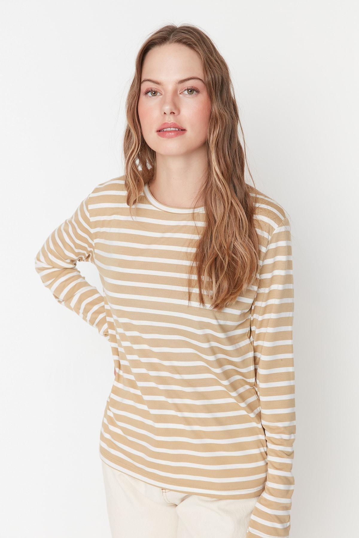 Beige Striped T-Shirt, , medium