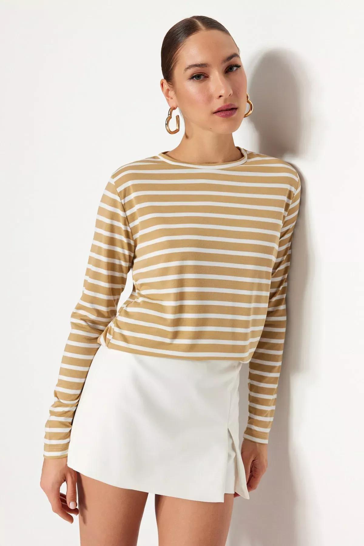 Beige Striped T-Shirt, , medium