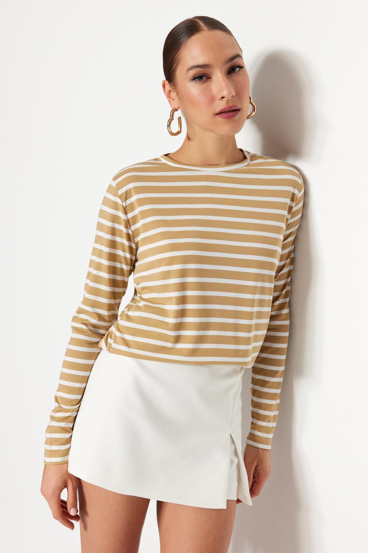 Beige Striped T-Shirt, , large image number 1