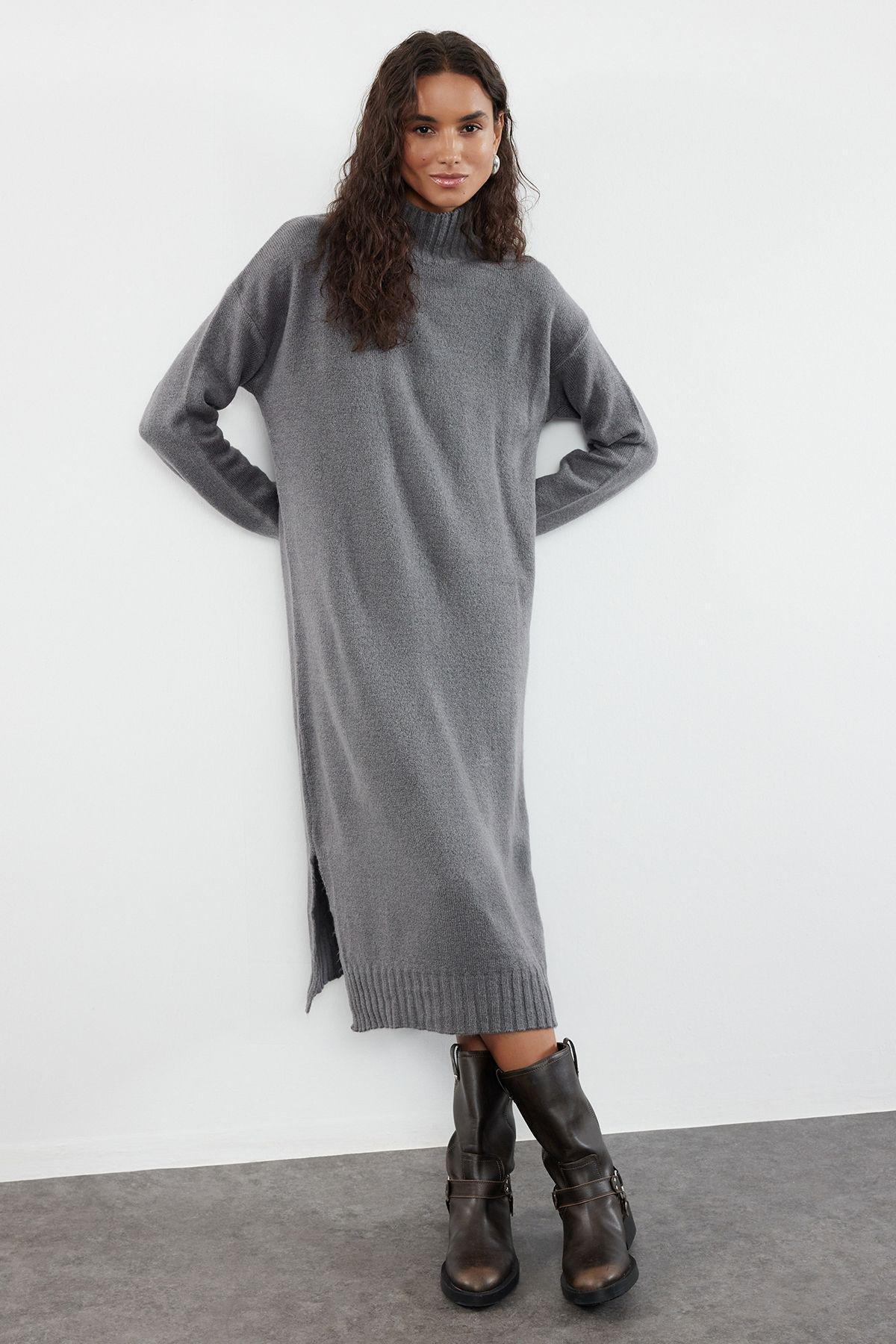 Anthracite Ribbed Sweater Midi Dress, , large image number 0