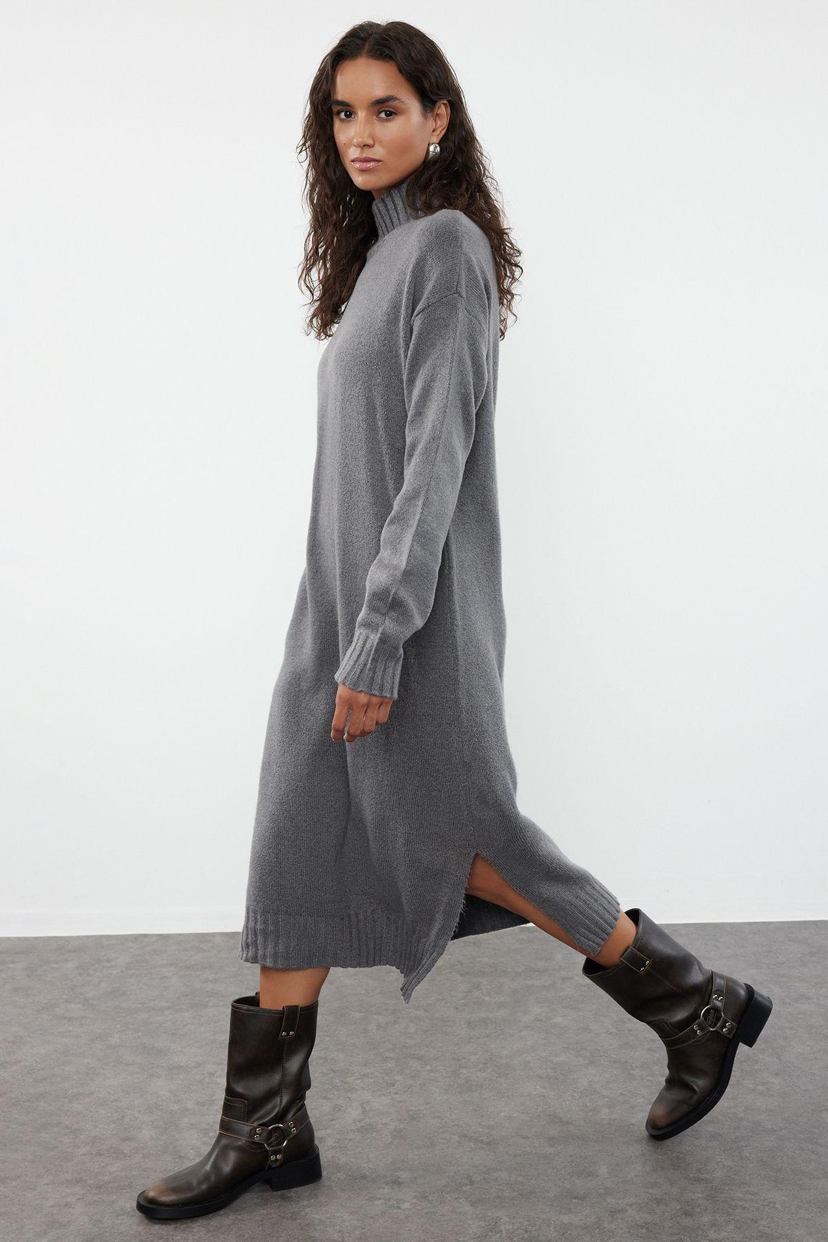 Anthracite Ribbed Sweater Midi Dress, , large image number 1