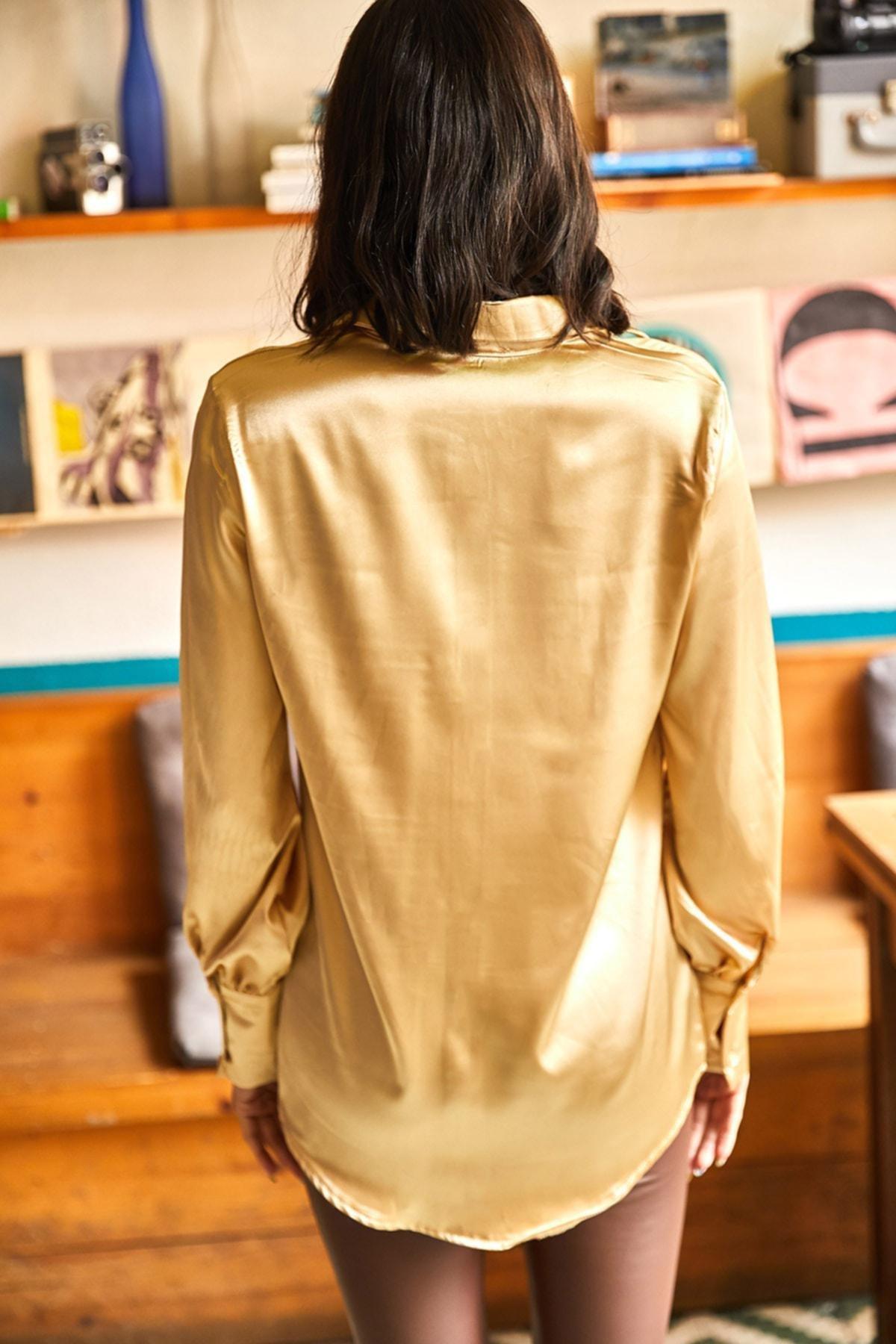 Gold Satin Finish Button Down Shirt, , large image number 0
