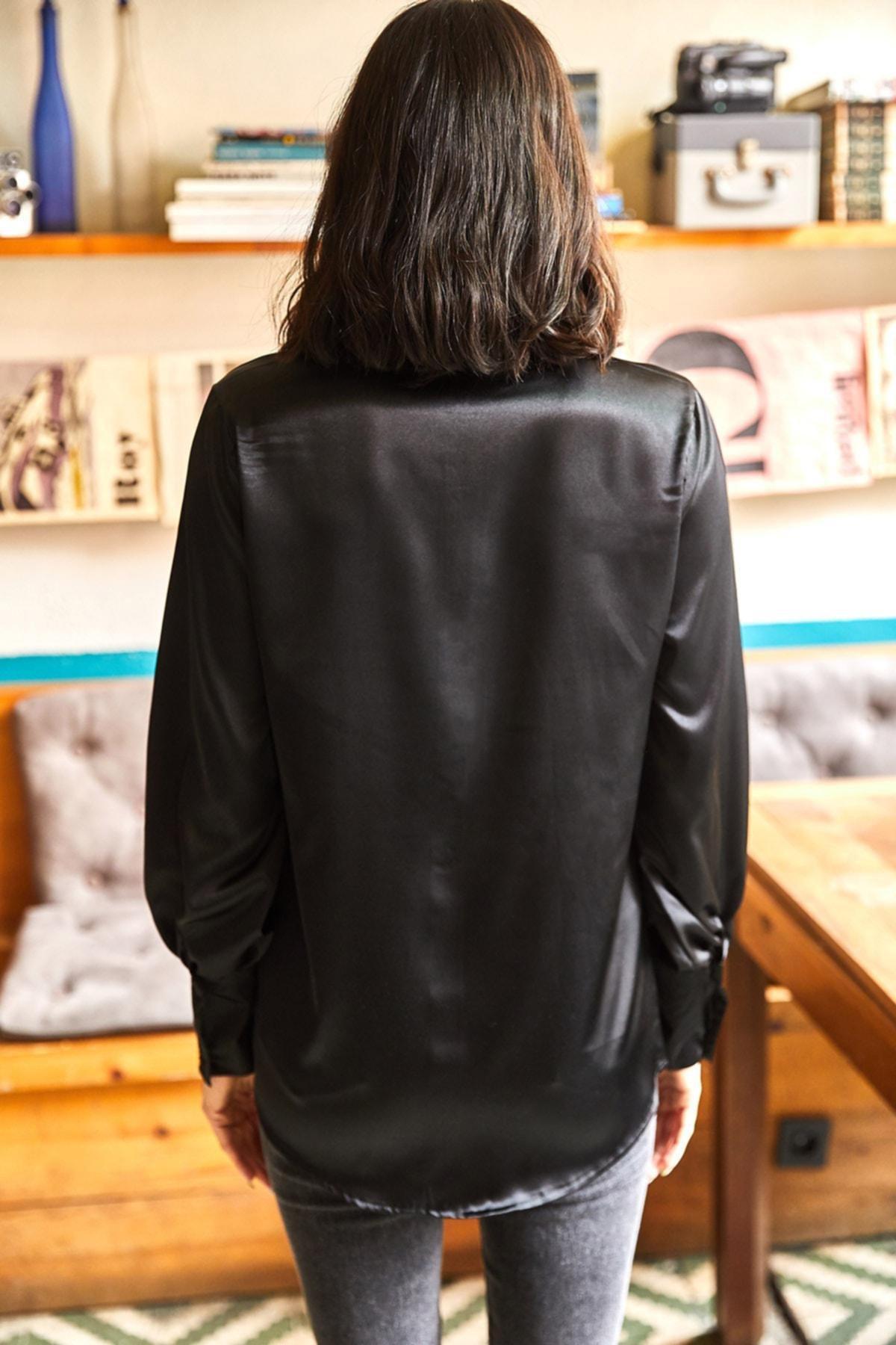 Black Woven Satin Shirt With Cuff Detail, , large image number 3