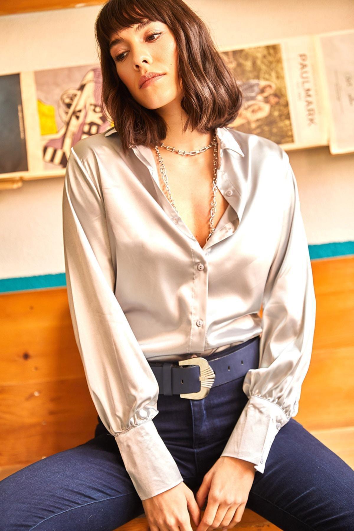 Silver Satin Finish Blouse, , large image number 3