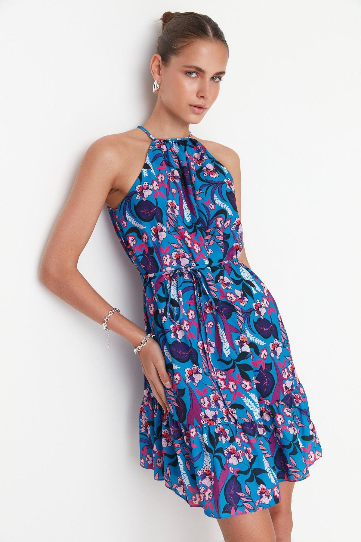 Blue Floral A-Line Dress, Blue, large image number 0