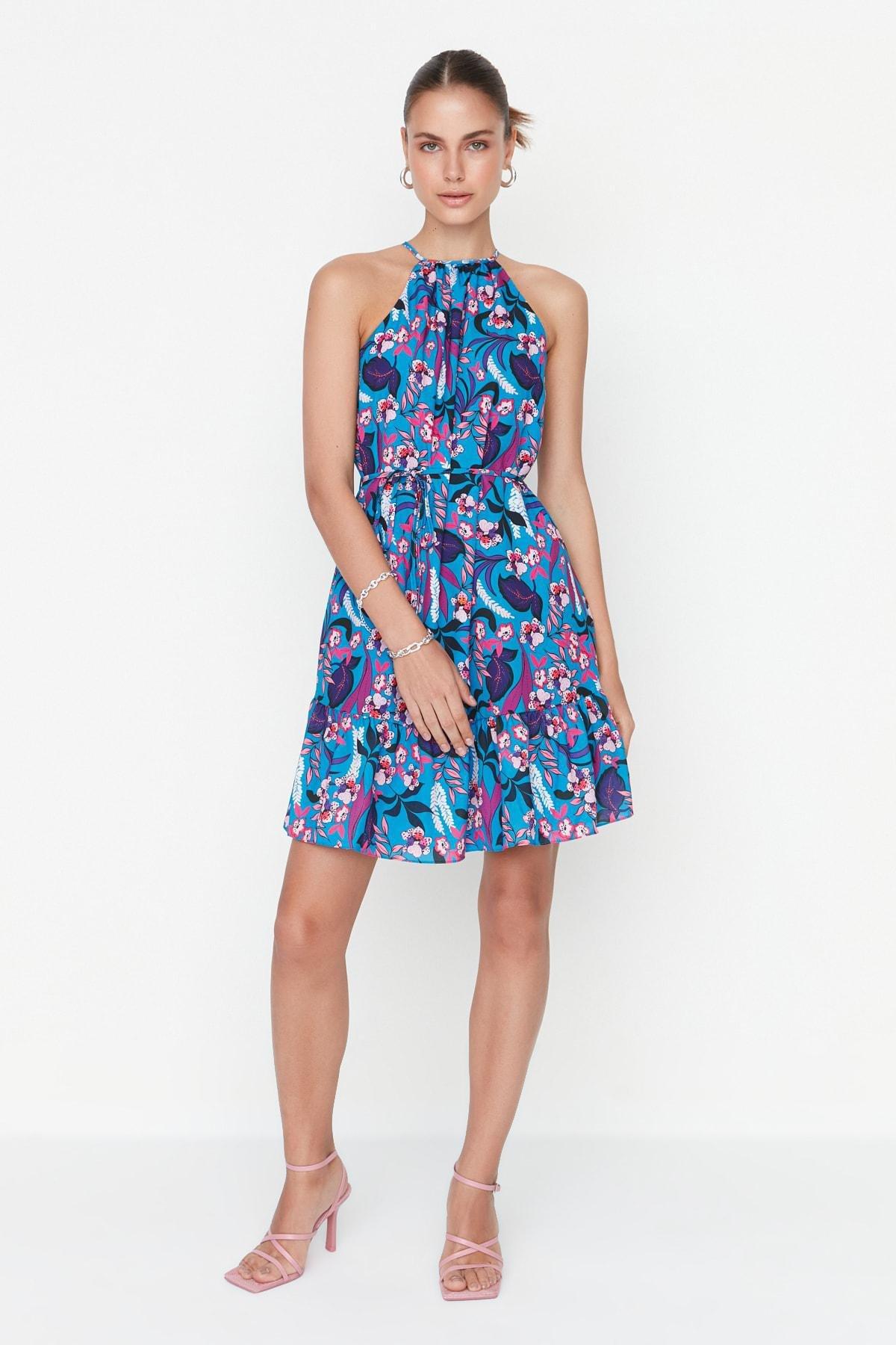 Blue Floral A-Line Dress, Blue, large image number 1