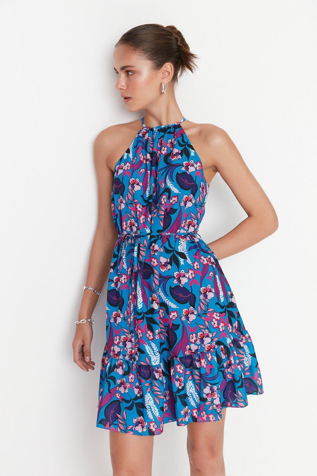 Blue Floral A-Line Dress, Blue, large image number 2