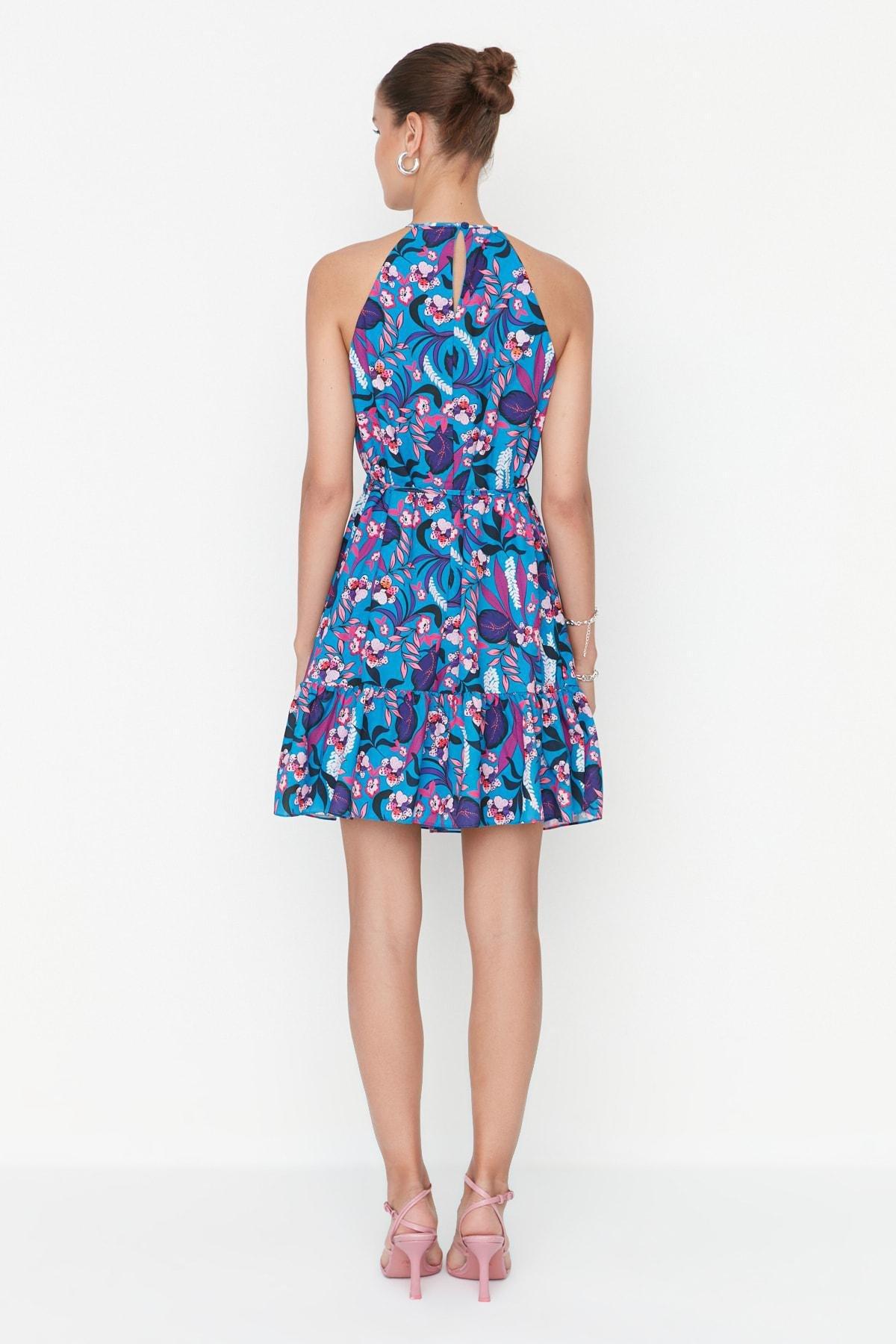 Blue Floral A-Line Dress, Blue, large image number 4