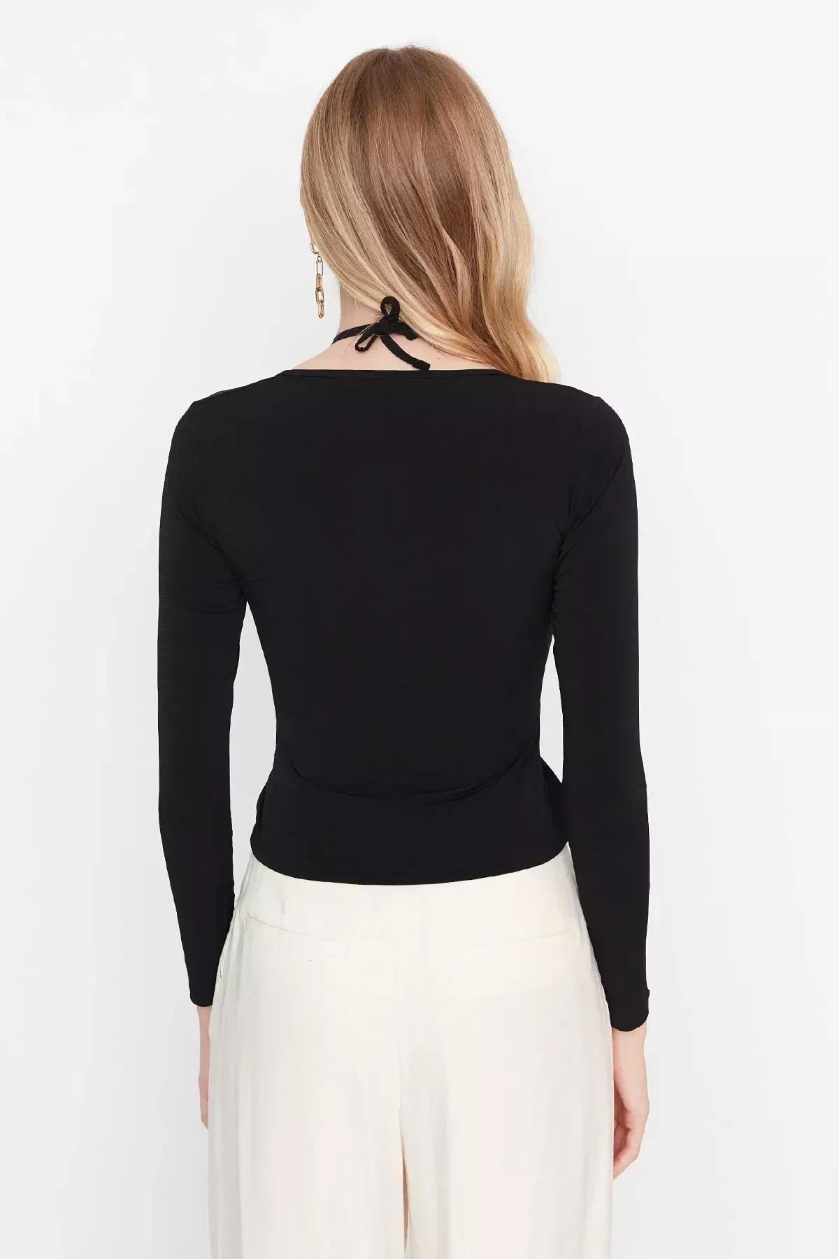 Black Fitted Halterneck Blouse, Black, large image number 4