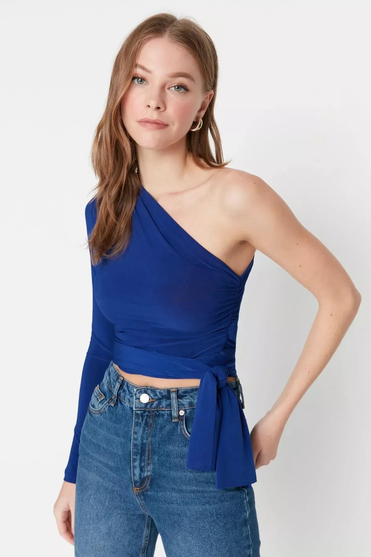 Blue Asymmetrical Collar Blouse, , large image number 0
