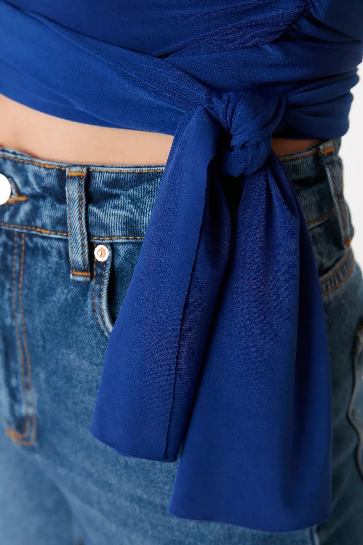 Blue Asymmetrical Collar Blouse, , large image number 4
