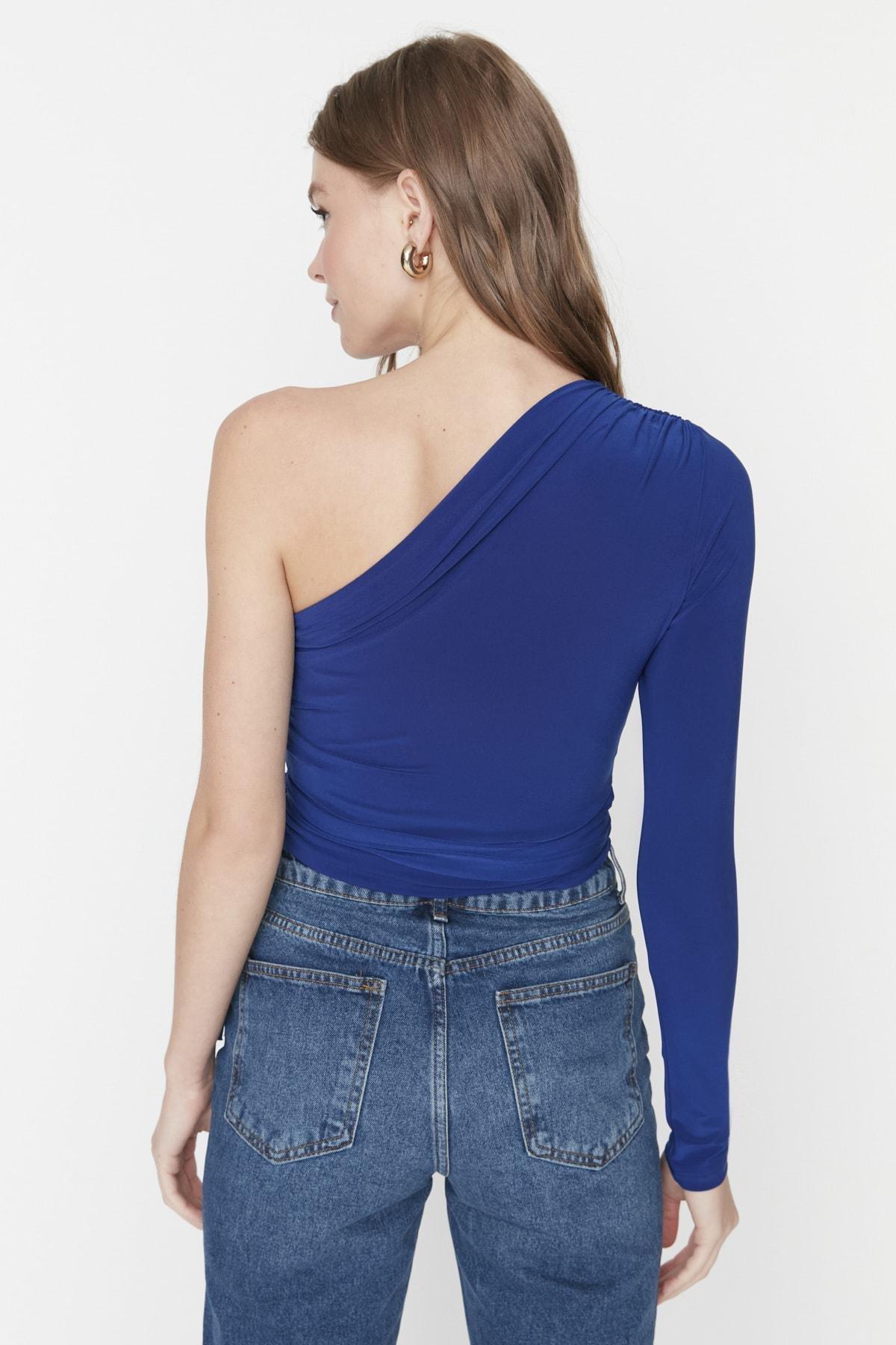 Blue Asymmetrical Collar Blouse, , large image number 5