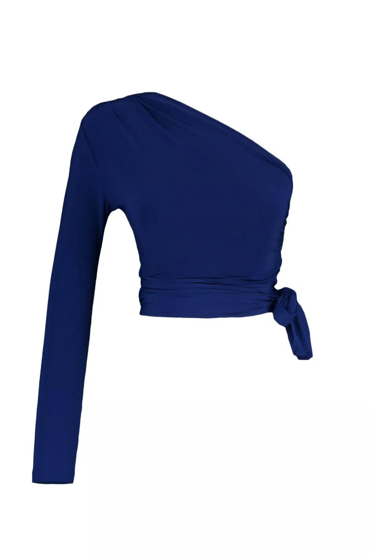Blue Asymmetrical Collar Blouse, , large image number 5
