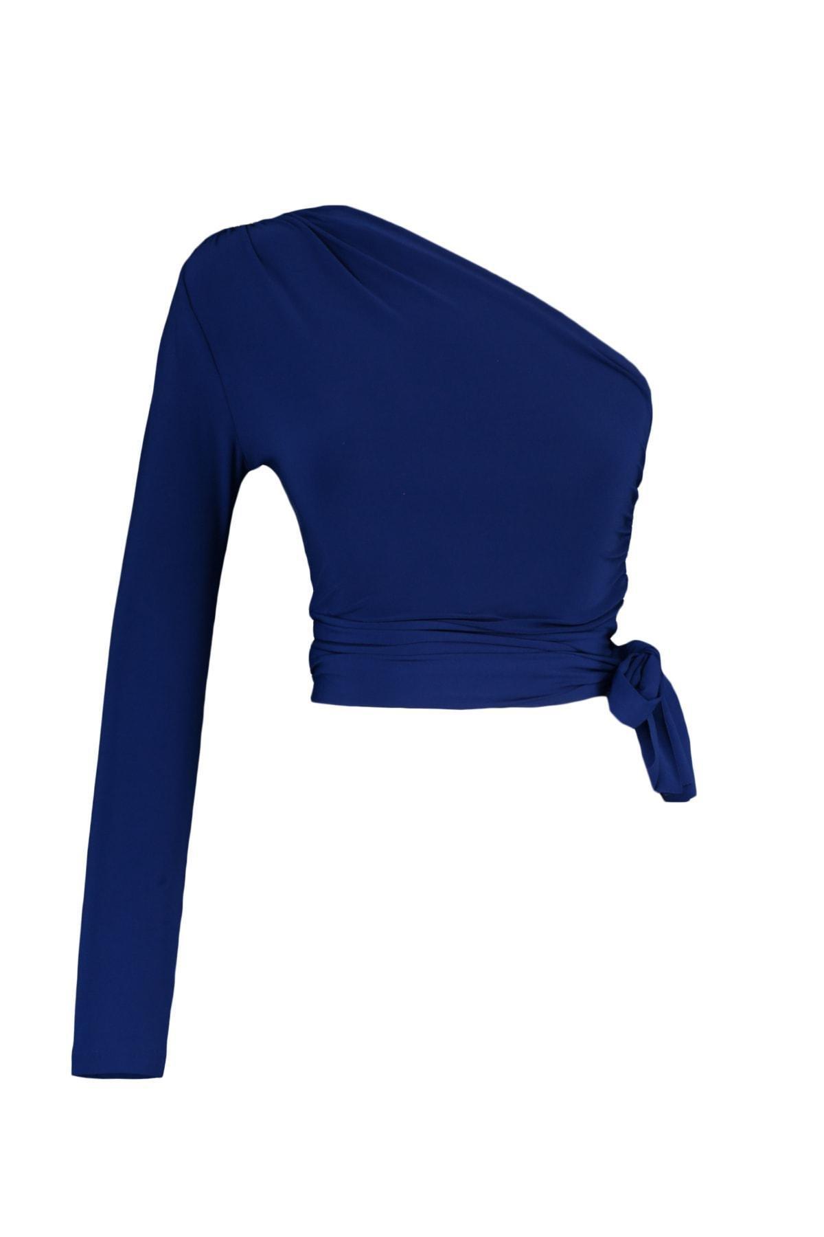 Blue Asymmetrical Collar Blouse, , large image number 6