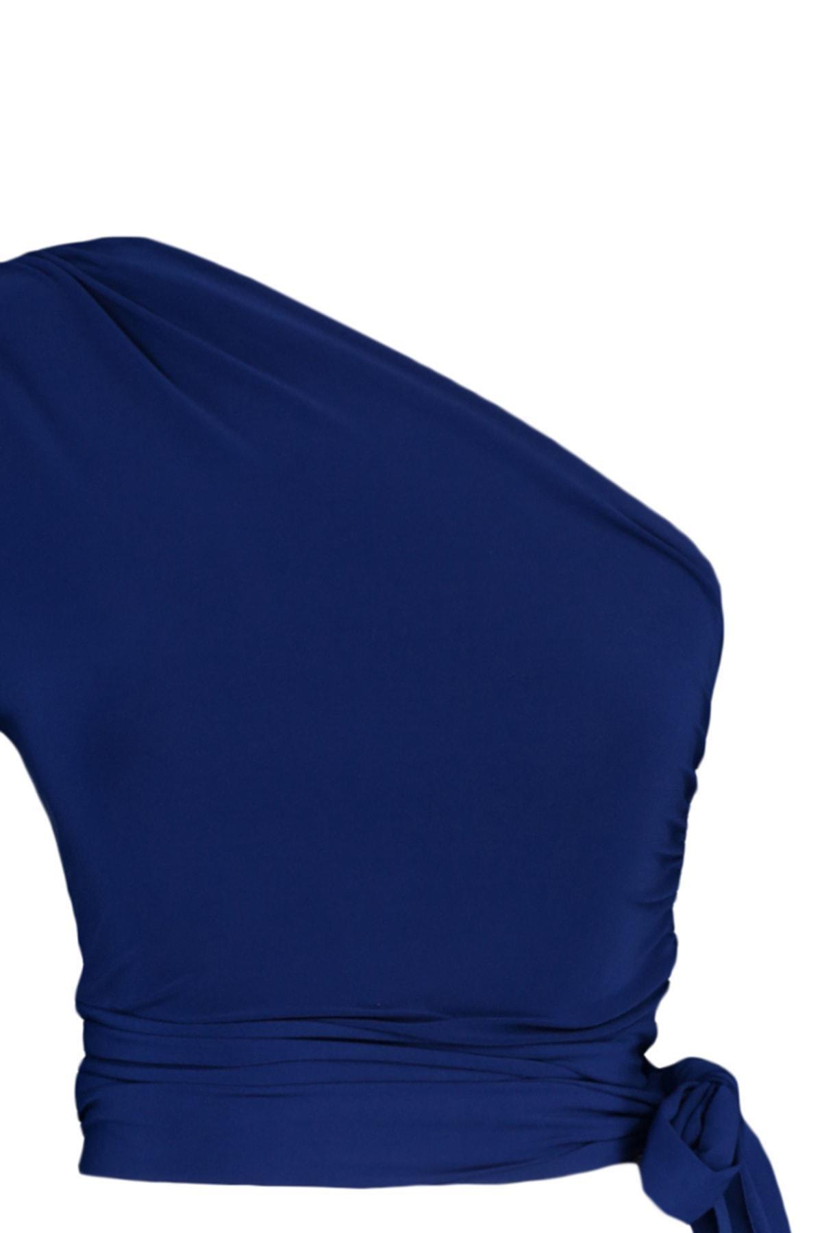 Blue Asymmetrical Collar Blouse, , large image number 7