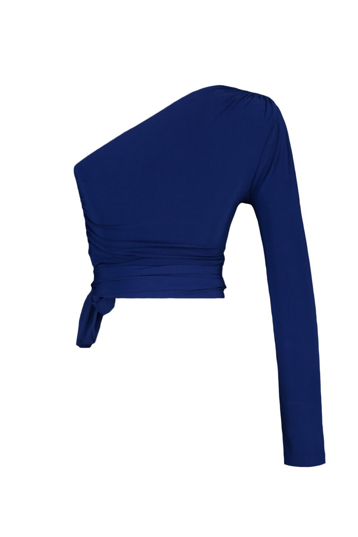 Blue Asymmetrical Collar Blouse, , large image number 8