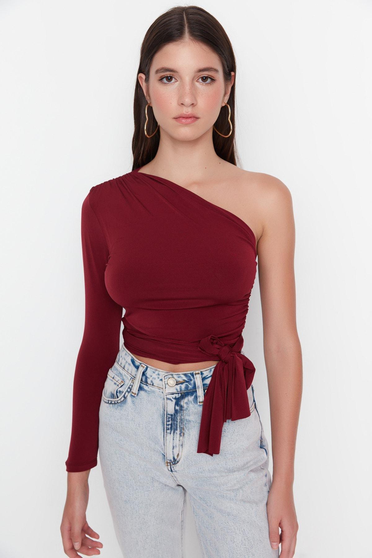 Burgundy Asymmetrical Collar Blouse, , large image number 0