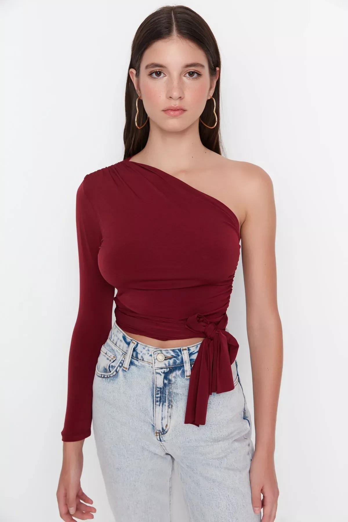 Burgundy Asymmetrical Collar Blouse, , large image number 0