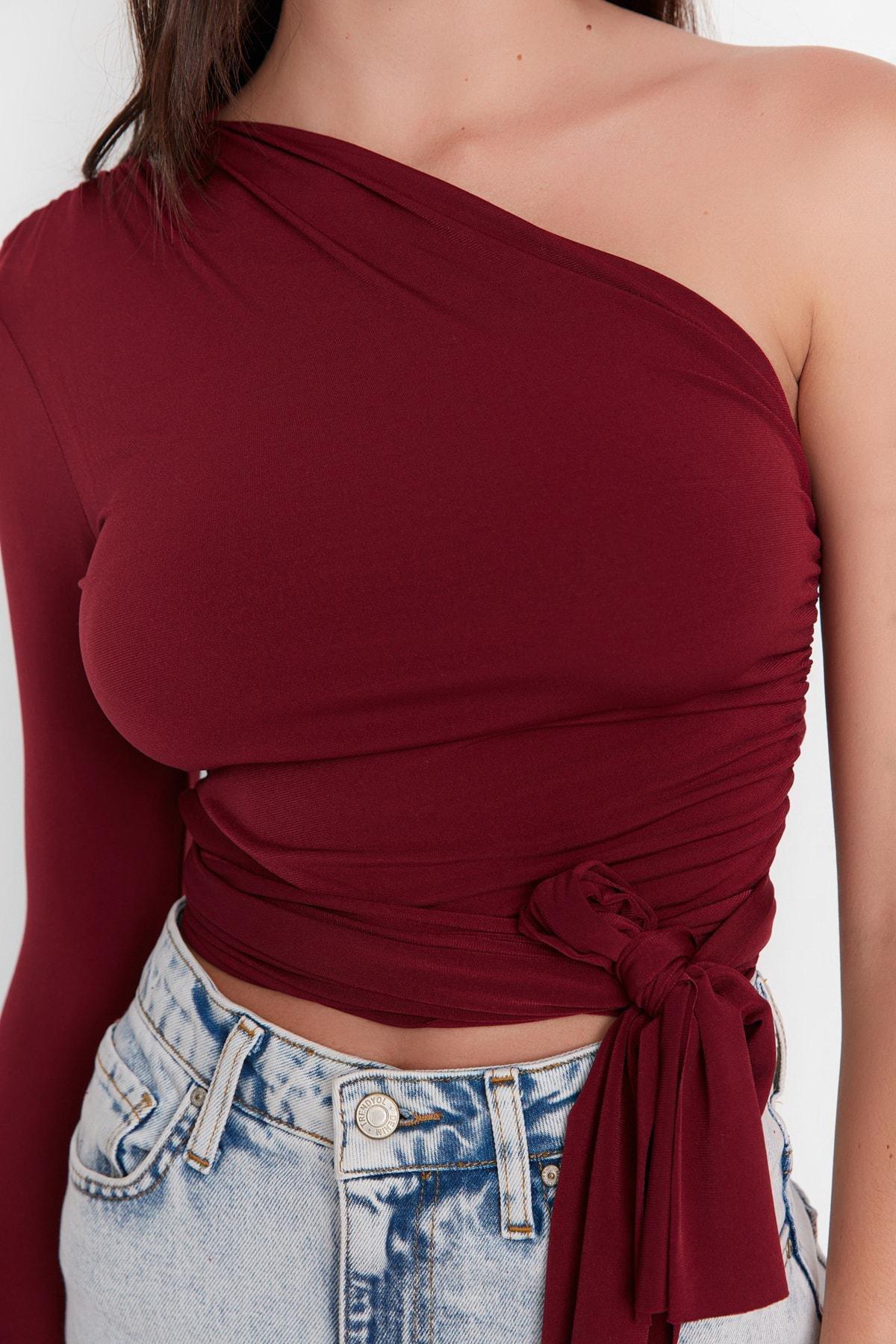 Burgundy Asymmetrical Collar Blouse, , large image number 1