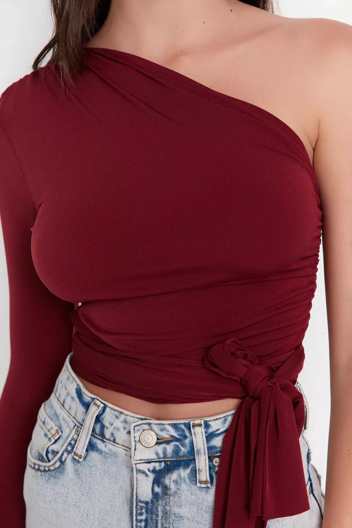 Burgundy Asymmetrical Collar Blouse, , large image number 1