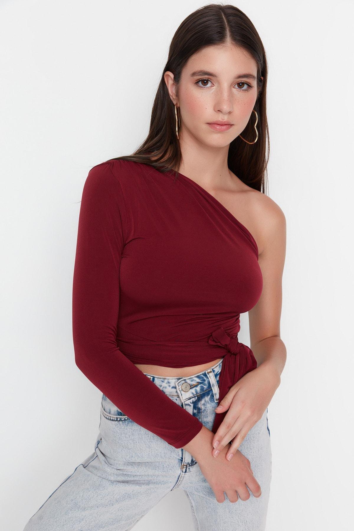 Burgundy Asymmetrical Collar Blouse, , large image number 2