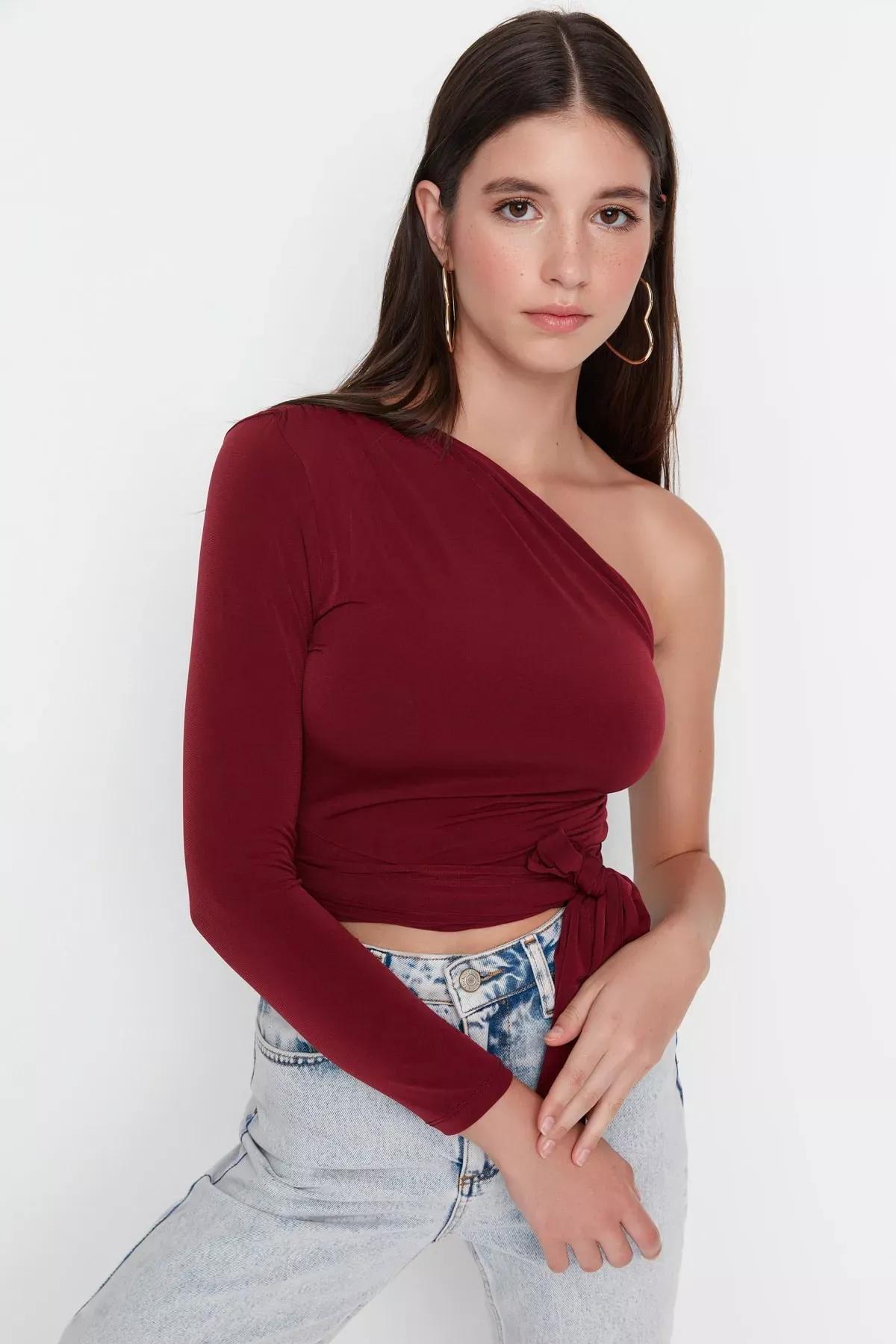 Burgundy Asymmetrical Collar Blouse, , large image number 2
