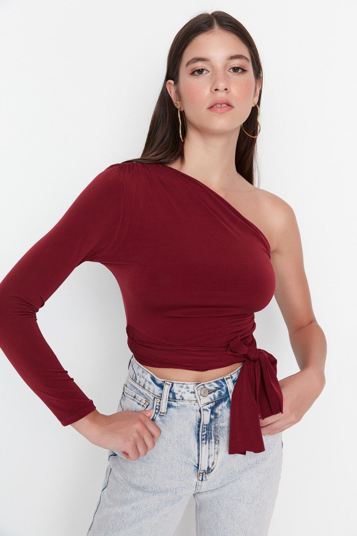 Burgundy Asymmetrical Collar Blouse, , large image number 3