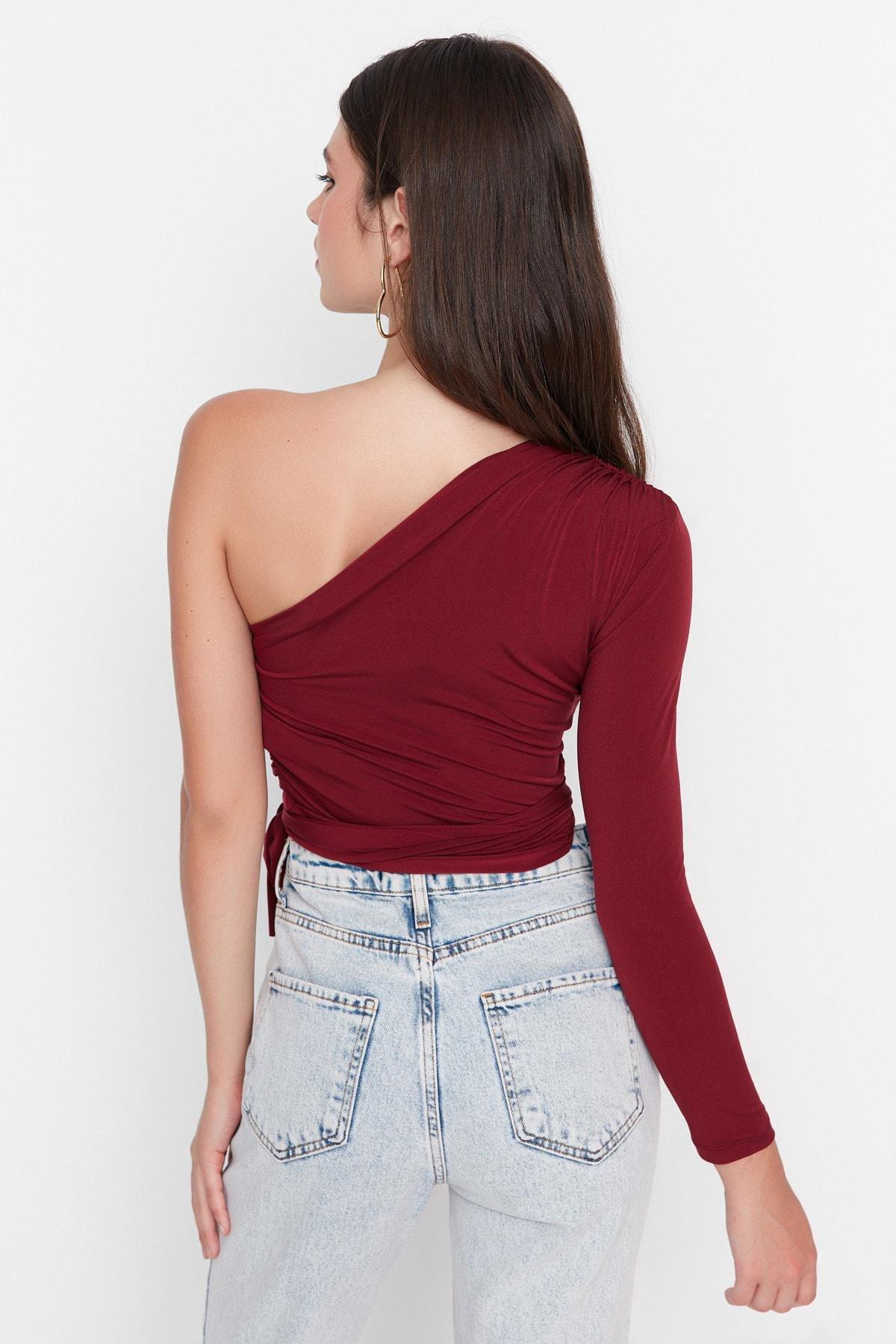 Burgundy Asymmetrical Collar Blouse, , large image number 4