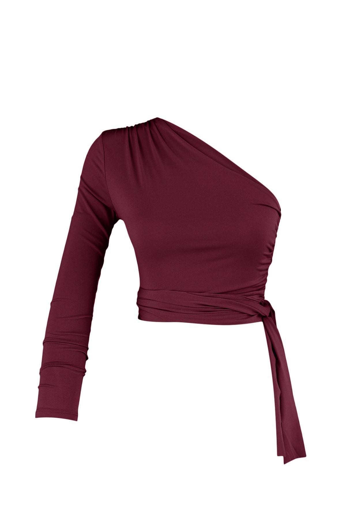 Burgundy Asymmetrical Collar Blouse, , large image number 5