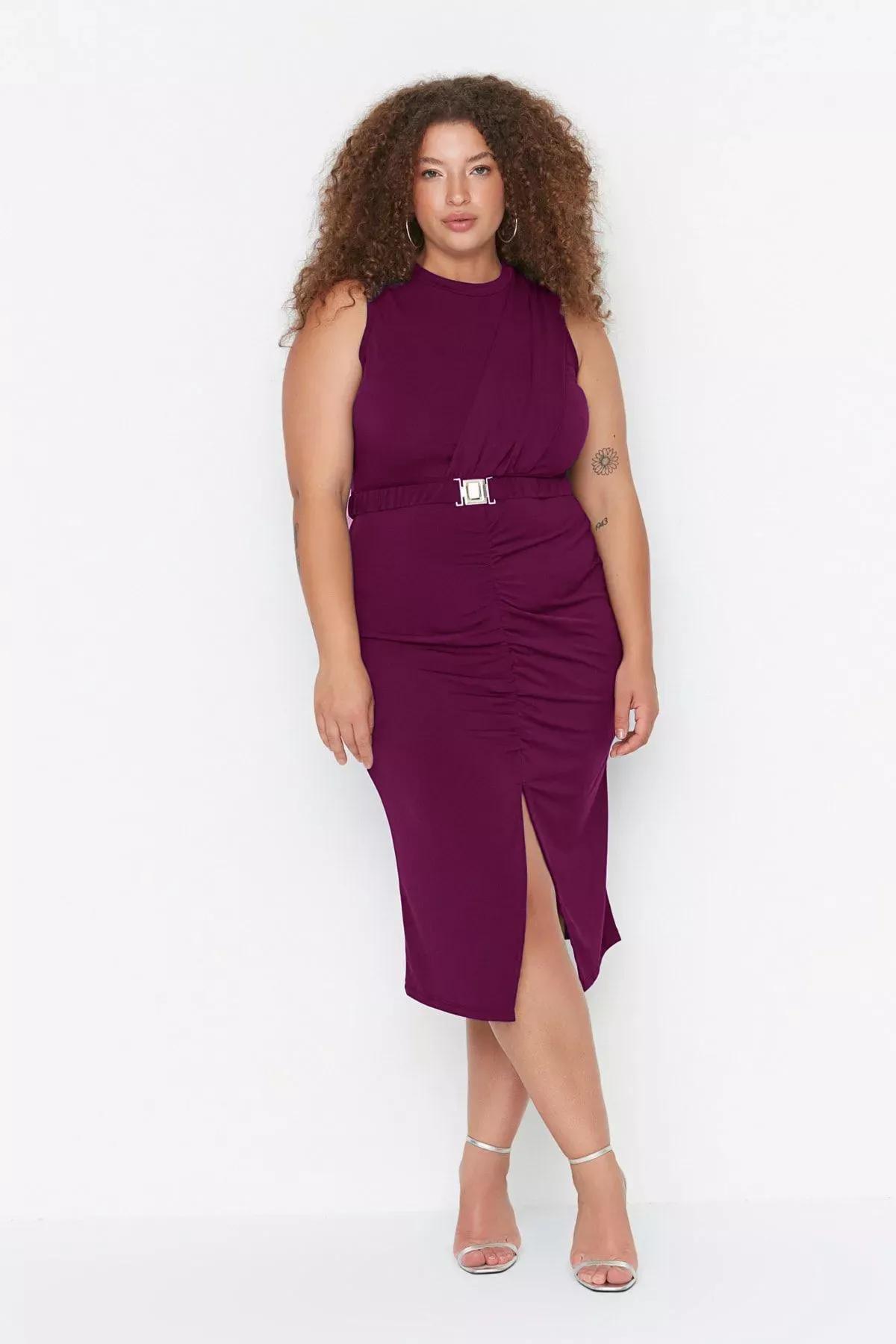 Plum Belted Draped Knitted Dress, , large image number 0