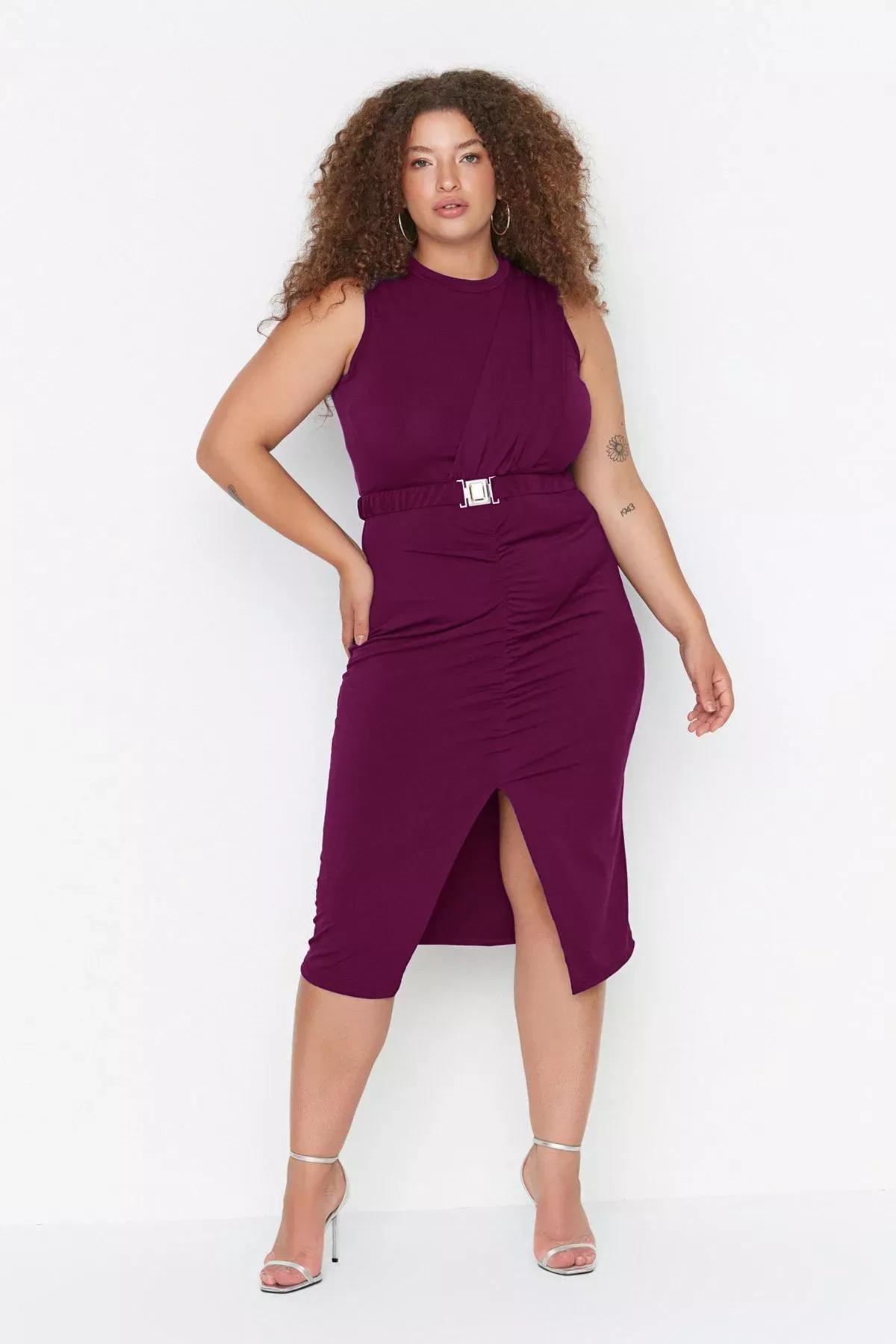 Plum Belted Draped Knitted Dress, , large image number 2