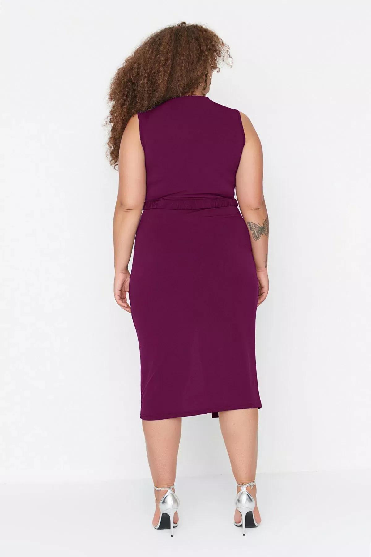 Plum Belted Draped Knitted Dress, , large image number 4