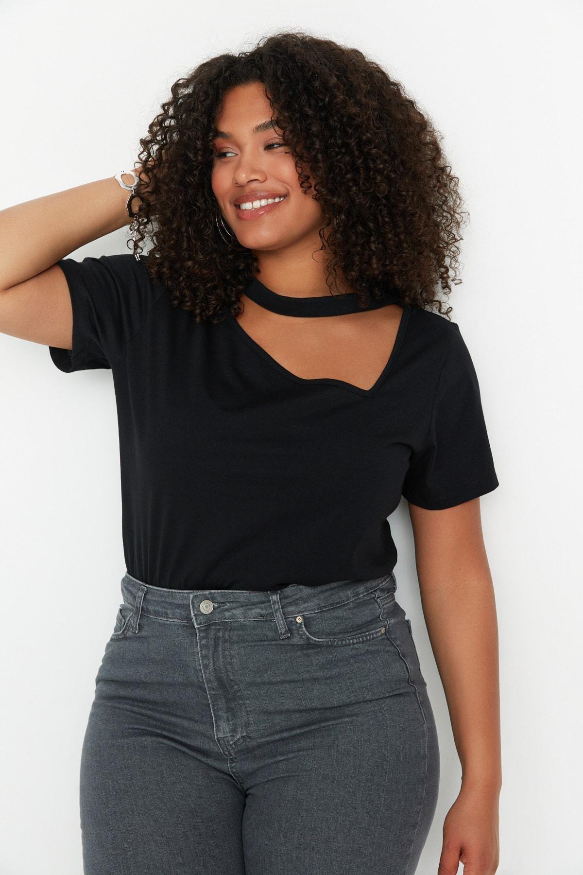 Black Crew Neck Plus Size T-Shirt, , large image number 0