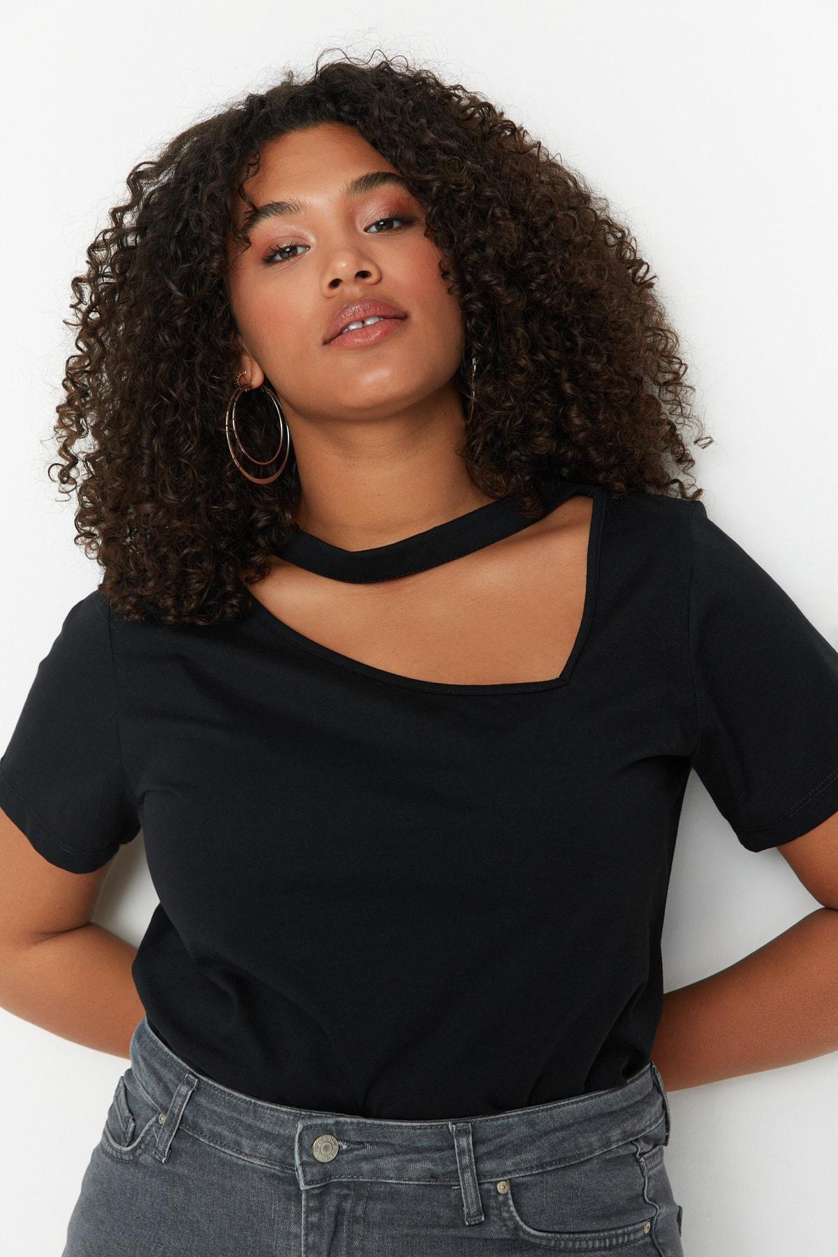 Black Crew Neck Plus Size T-Shirt, , large image number 1